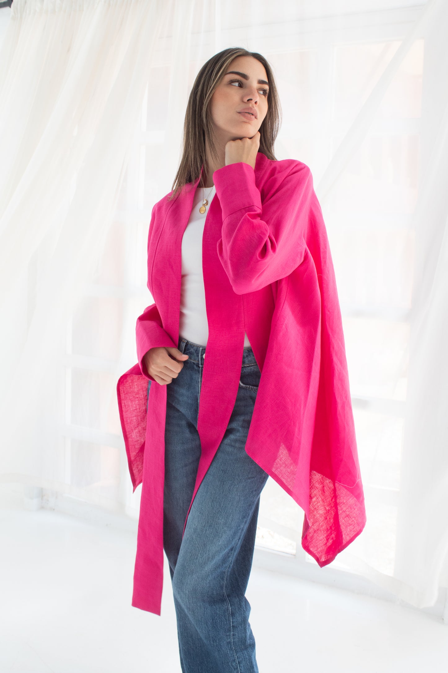 Pure linen cardigan in hot pink