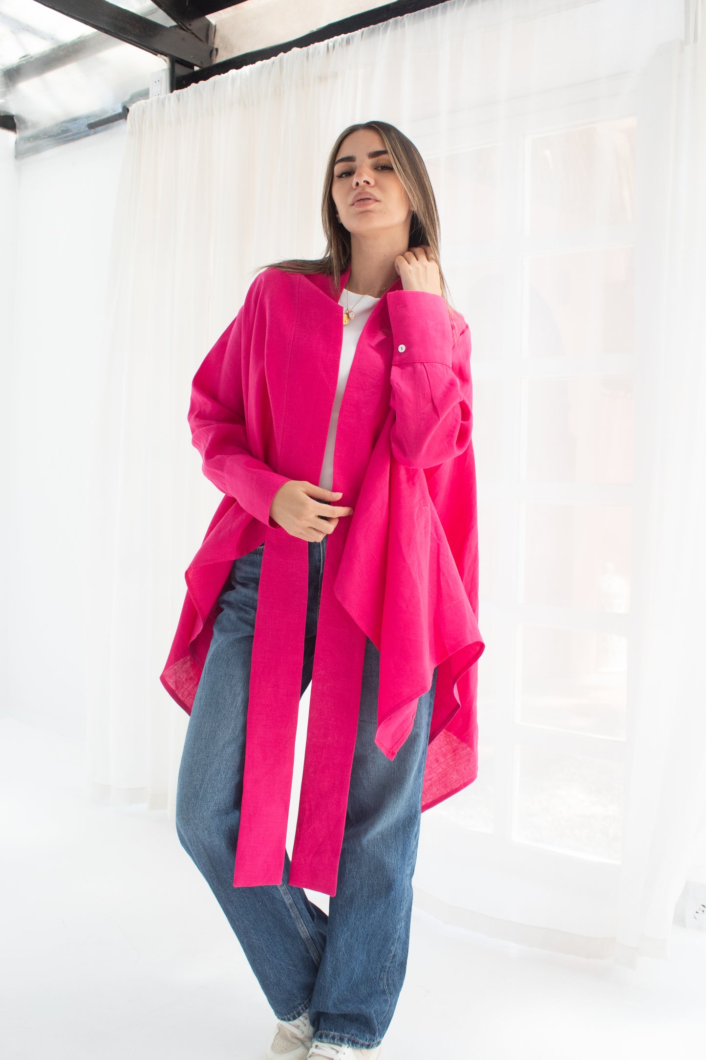 Pure linen cardigan in hot pink