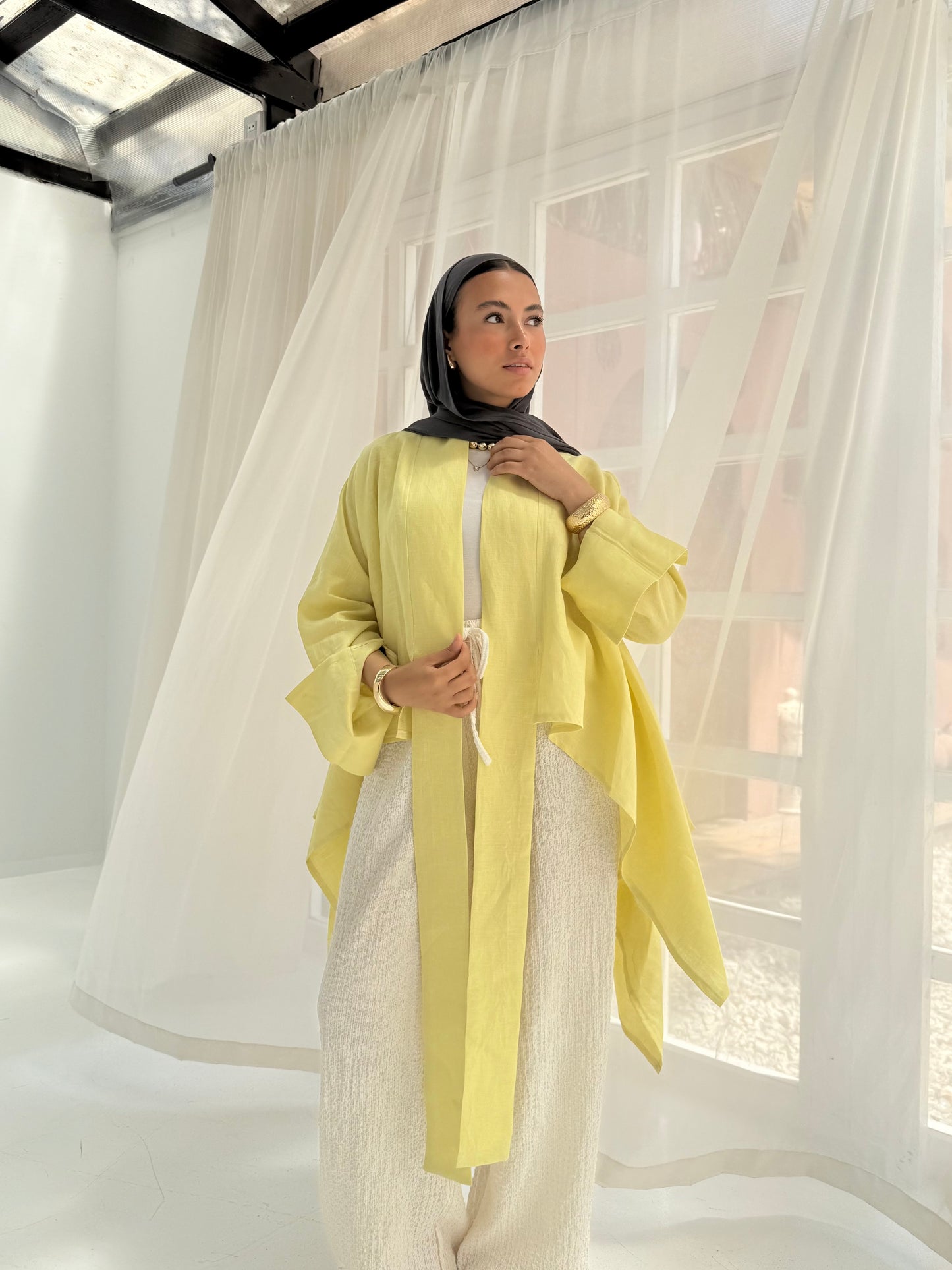 Pure linen cardigan in yellow