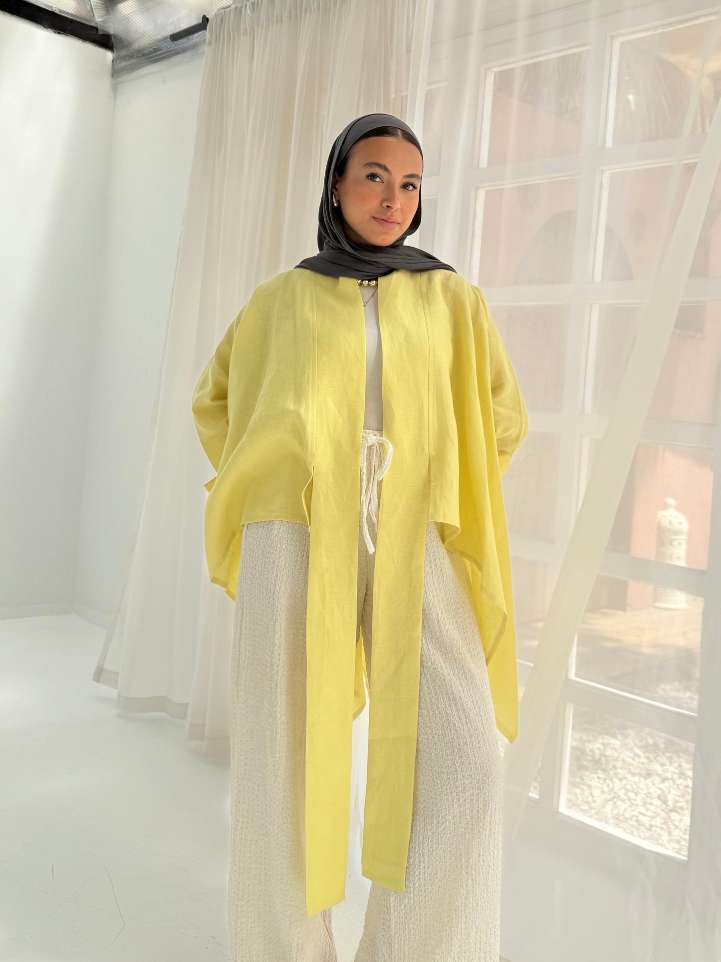 Pure linen cardigan in yellow