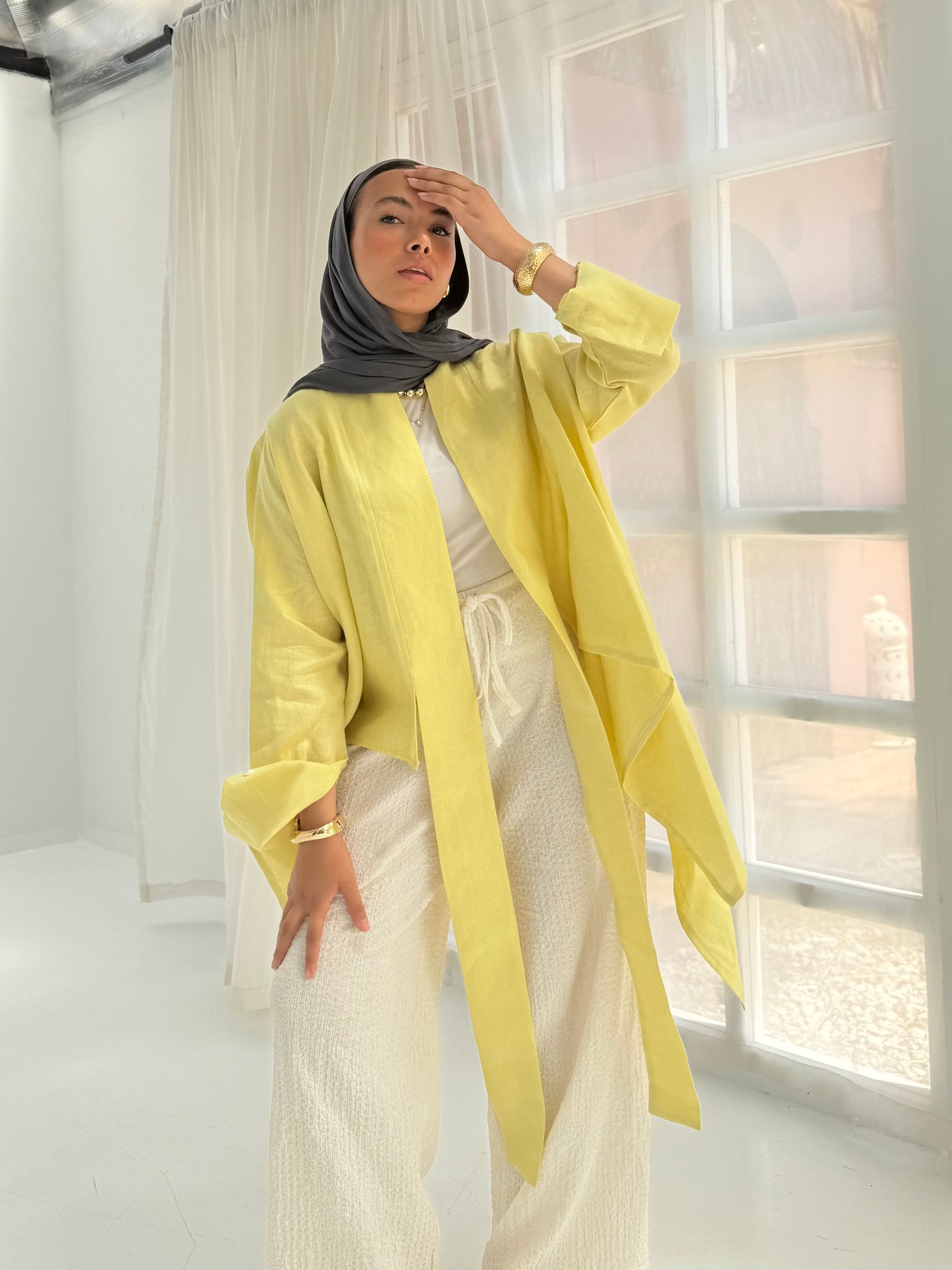Pure linen cardigan in yellow