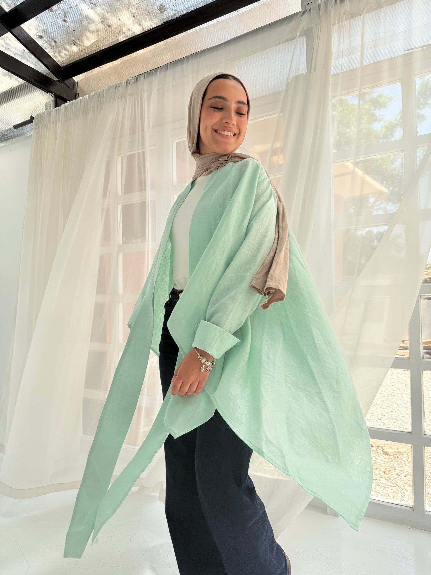Pure linen cardigan in cool mint