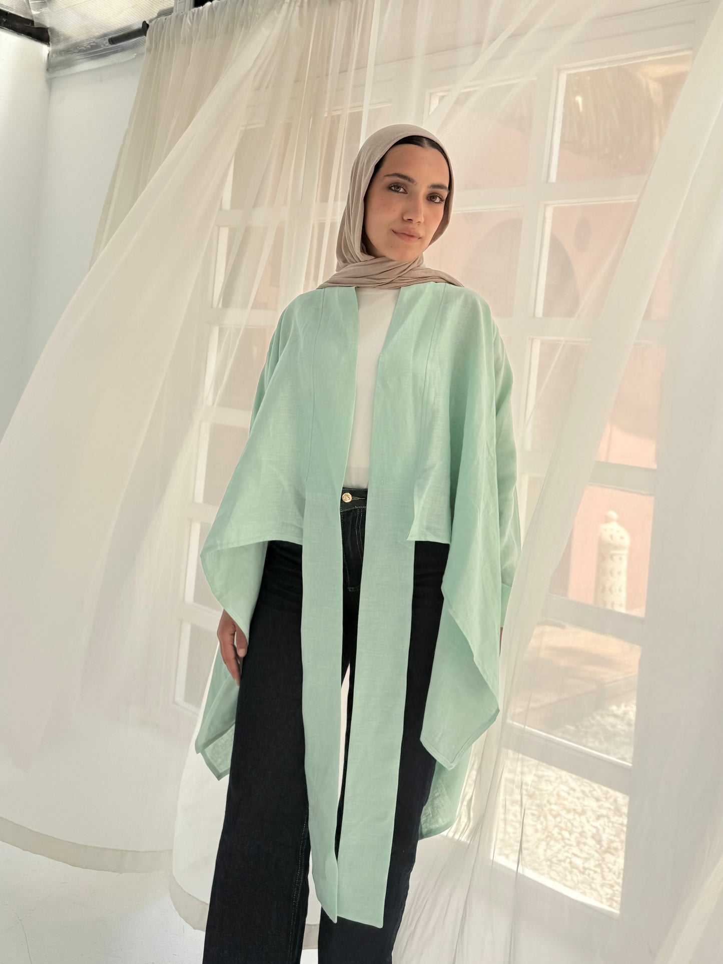 Pure linen cardigan in cool mint