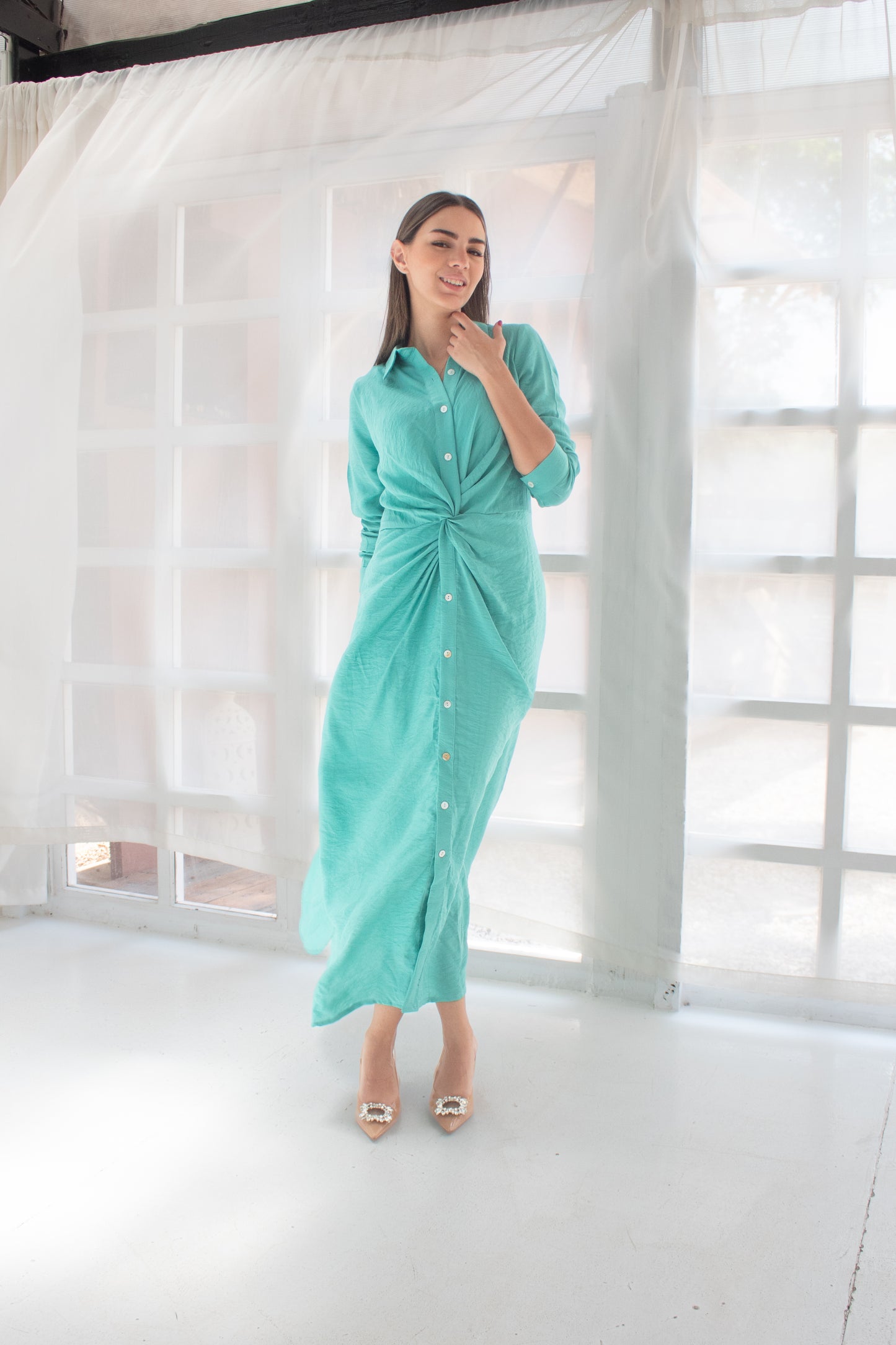 ( Soli dress) tiffany blue glass (Linen Mixed with Silk)dress
