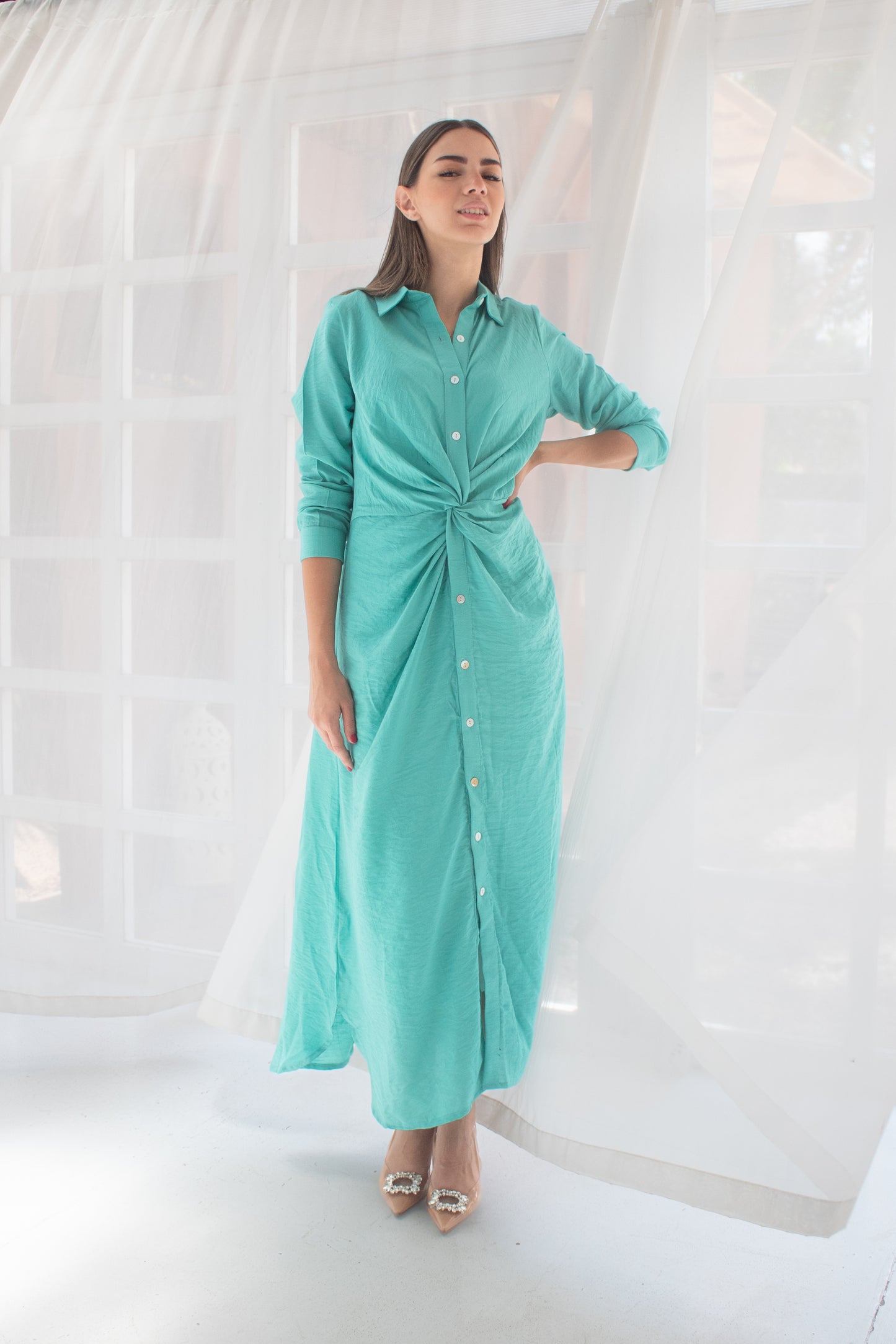 ( Soli dress) tiffany blue glass (Linen Mixed with Silk)dress