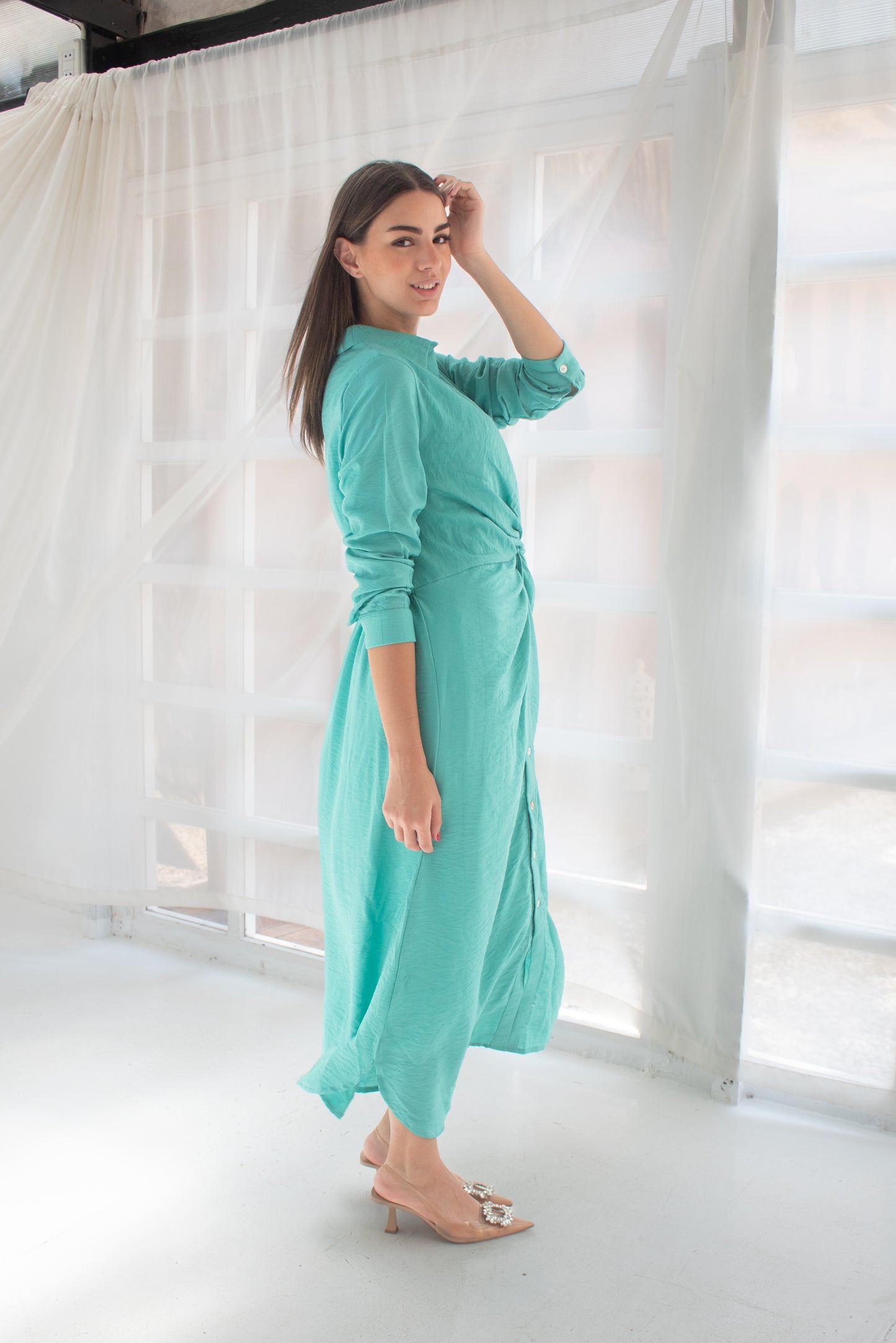 ( Soli dress) tiffany blue glass (Linen Mixed with Silk)dress