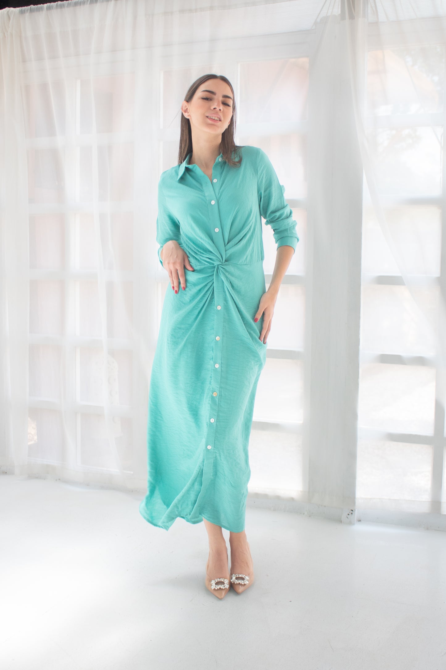( Soli dress) tiffany blue glass (Linen Mixed with Silk)dress
