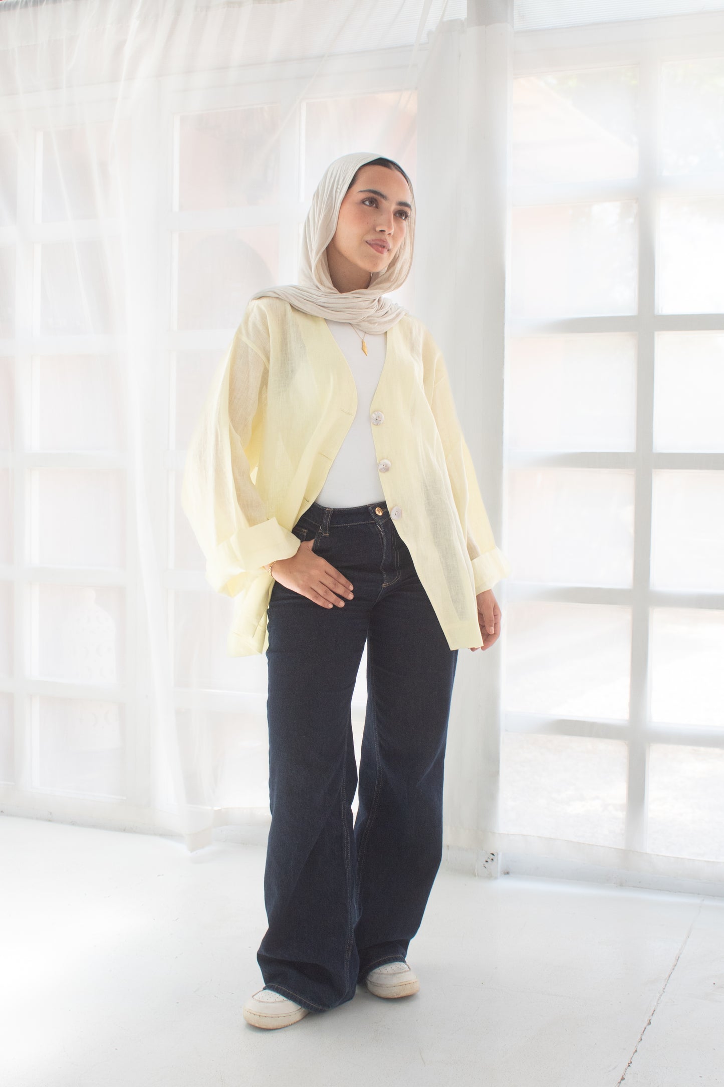 Butter yellow pure linen jacket and cardigan