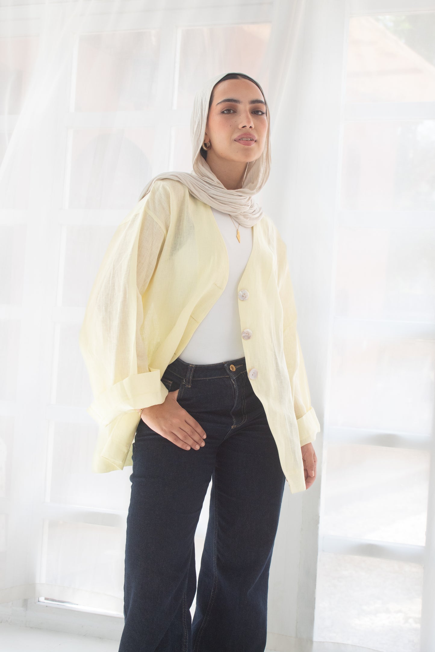 Butter yellow pure linen jacket and cardigan