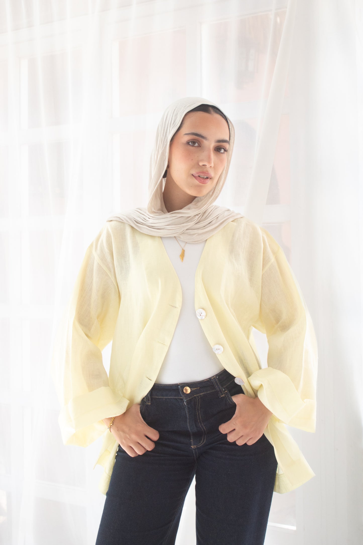 Butter yellow pure linen jacket and cardigan