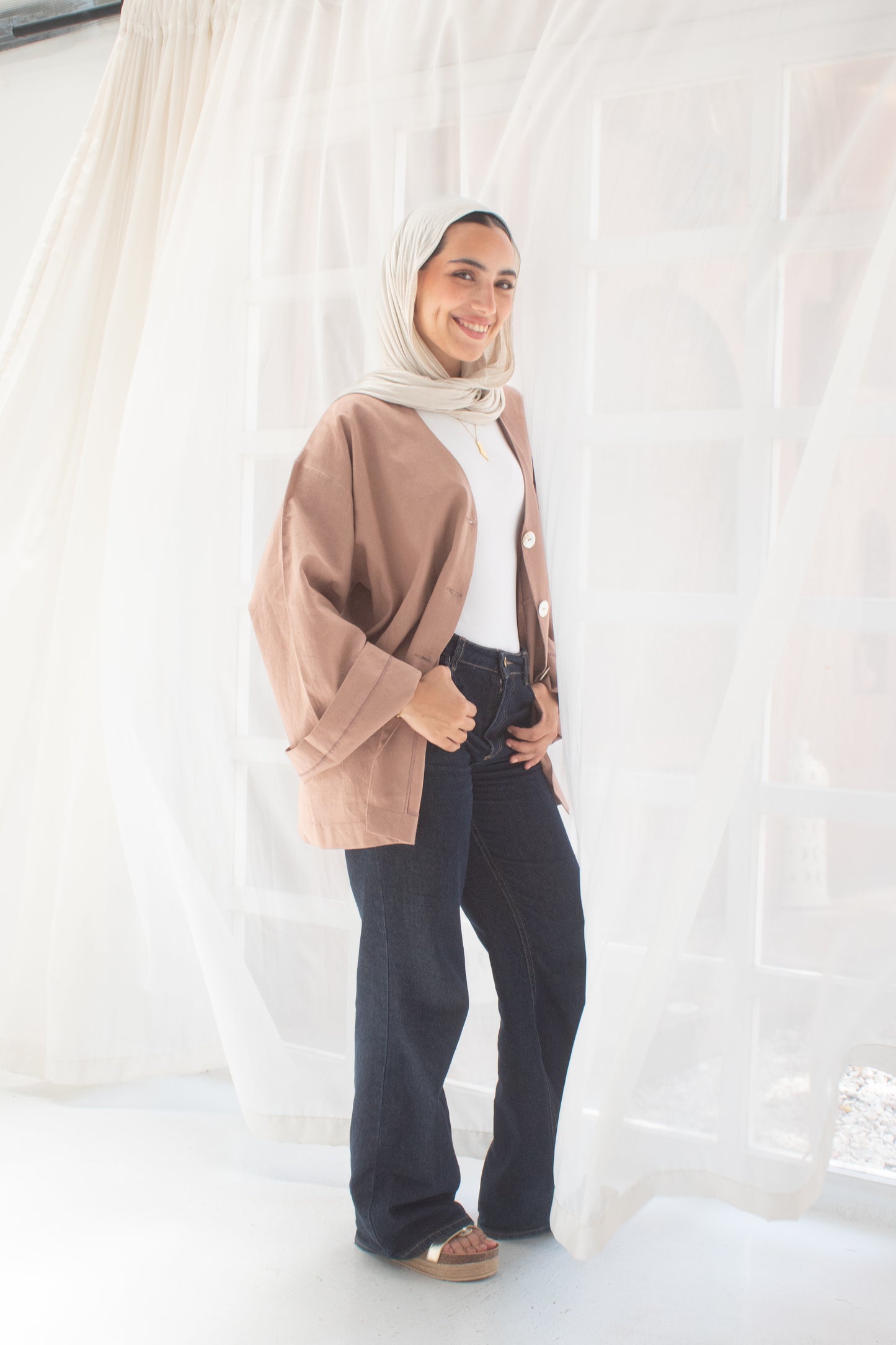 Brick brown pure linen jacket and cardigan
