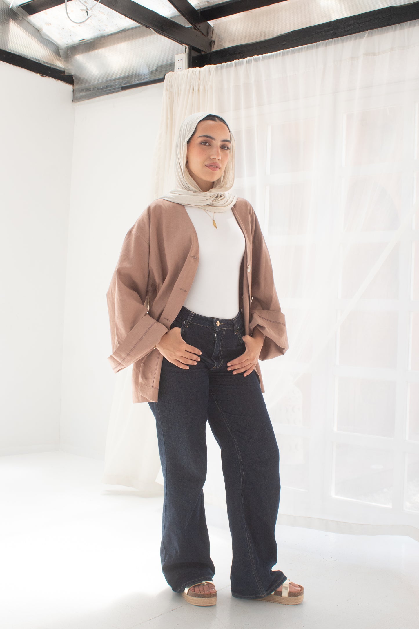 Brick brown pure linen jacket and cardigan