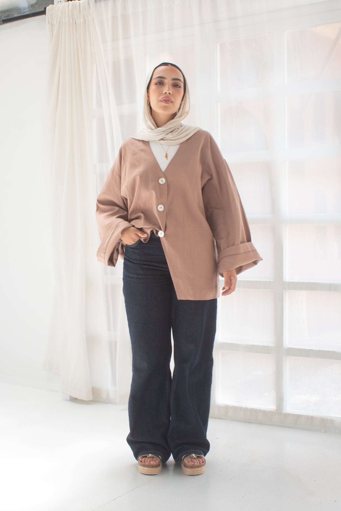 Brick brown pure linen jacket and cardigan