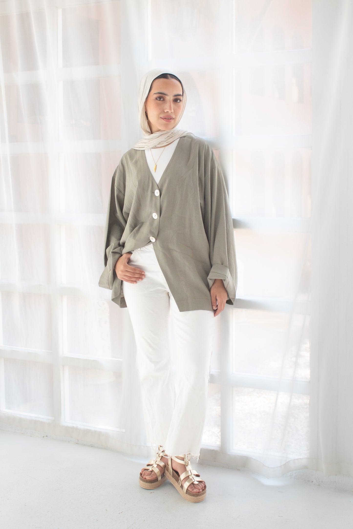 Olive pure linen jacket and cats