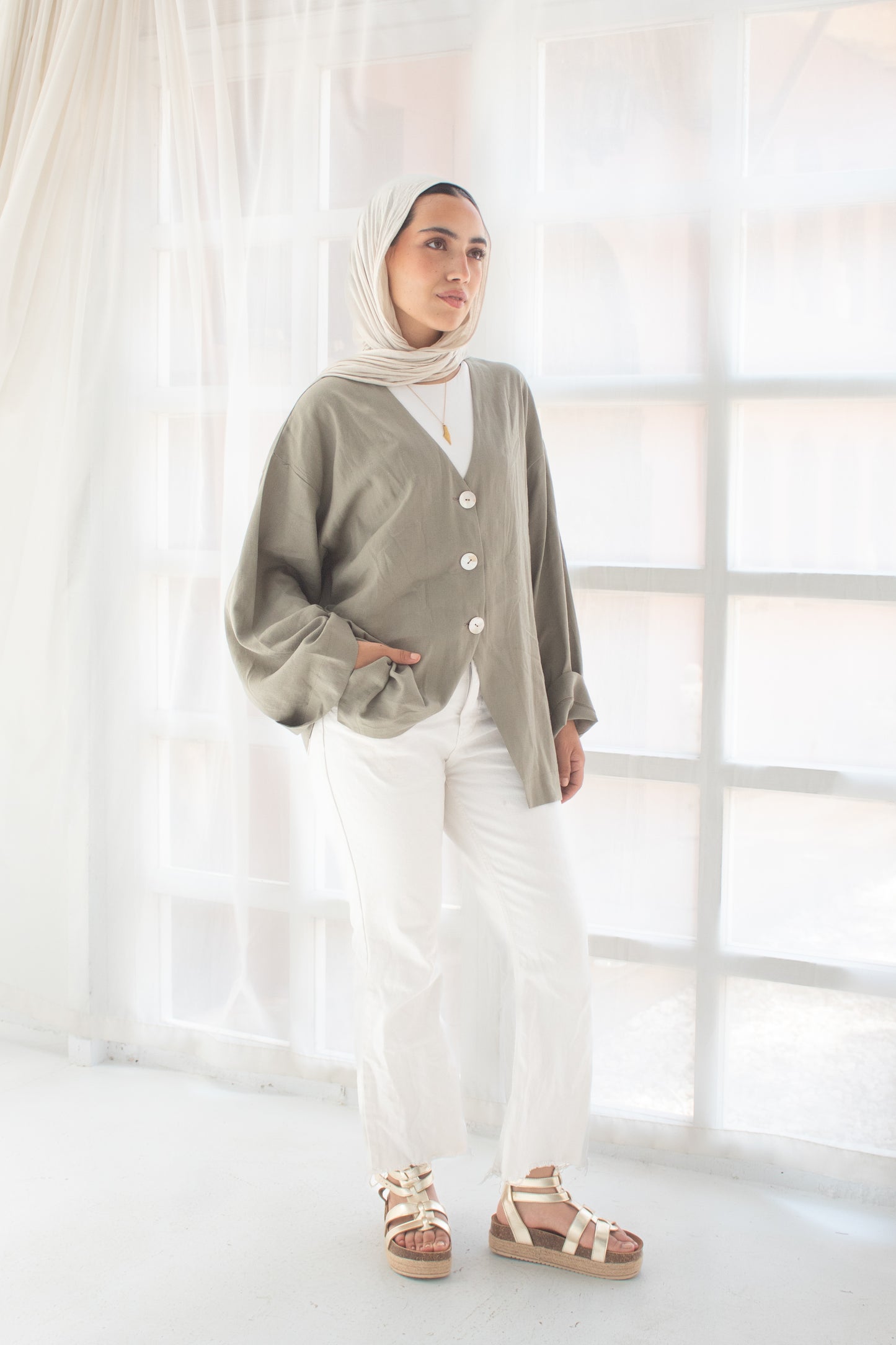 Olive pure linen jacket and cats