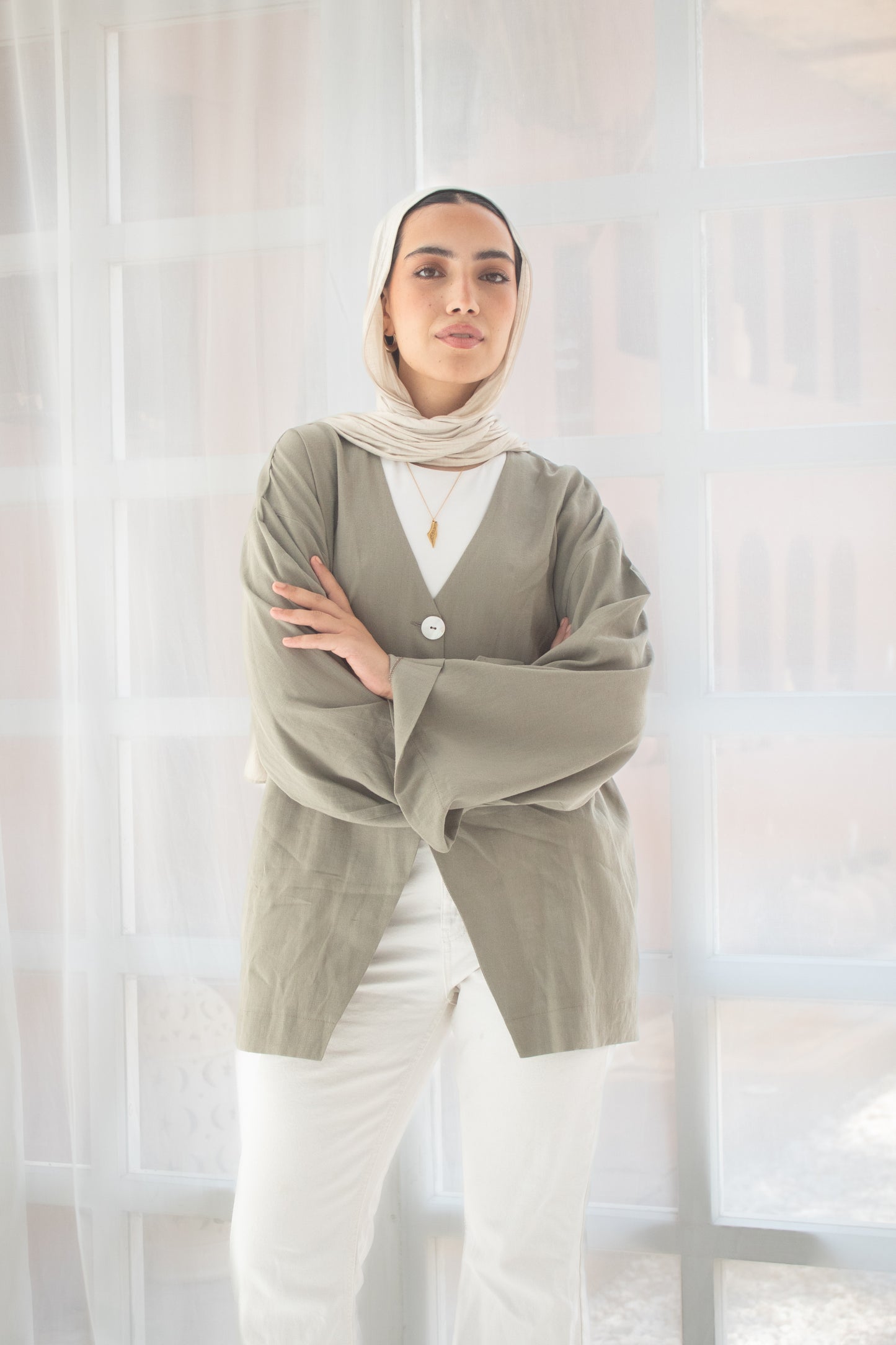 Olive pure linen jacket and cats