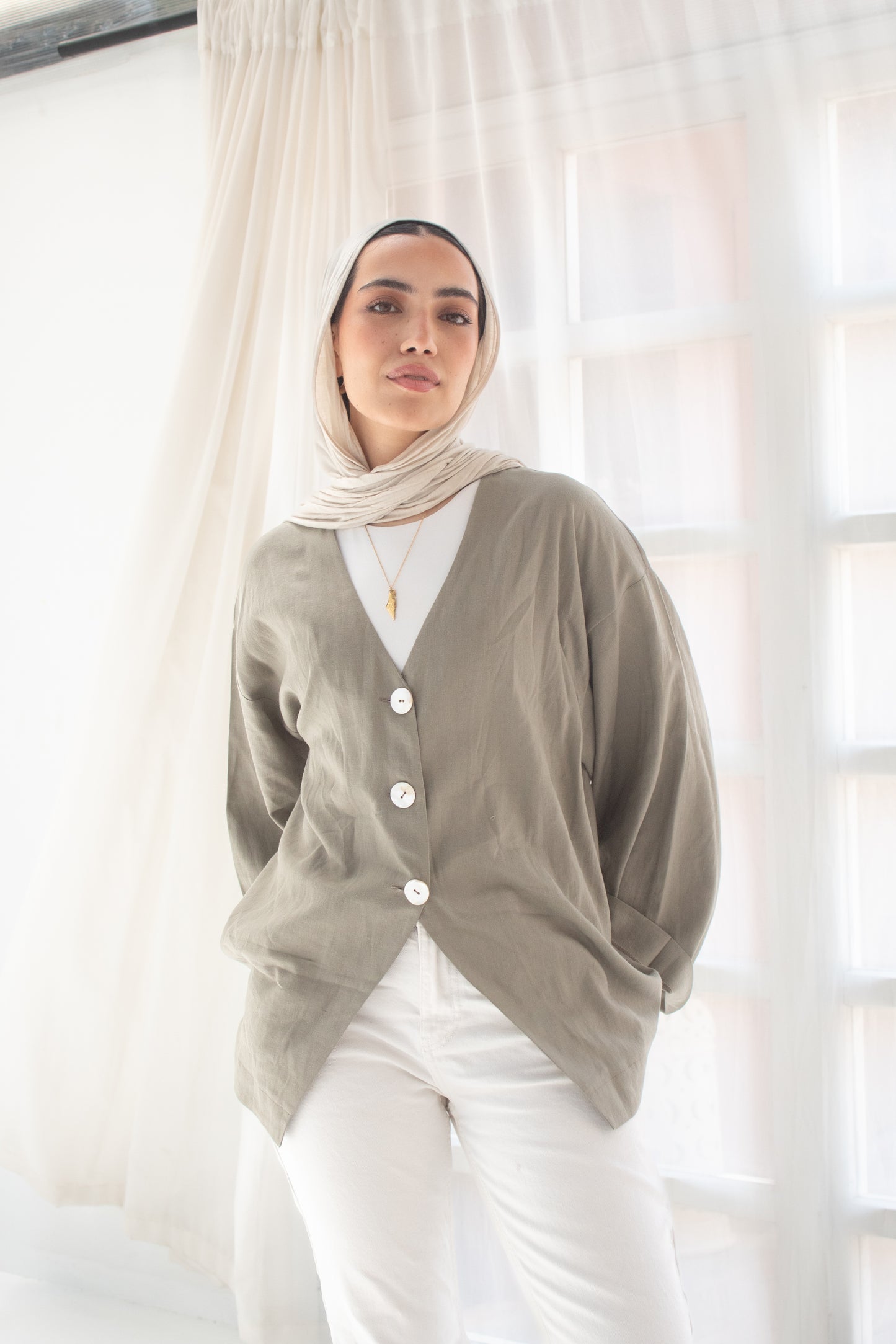 Olive pure linen jacket and cats