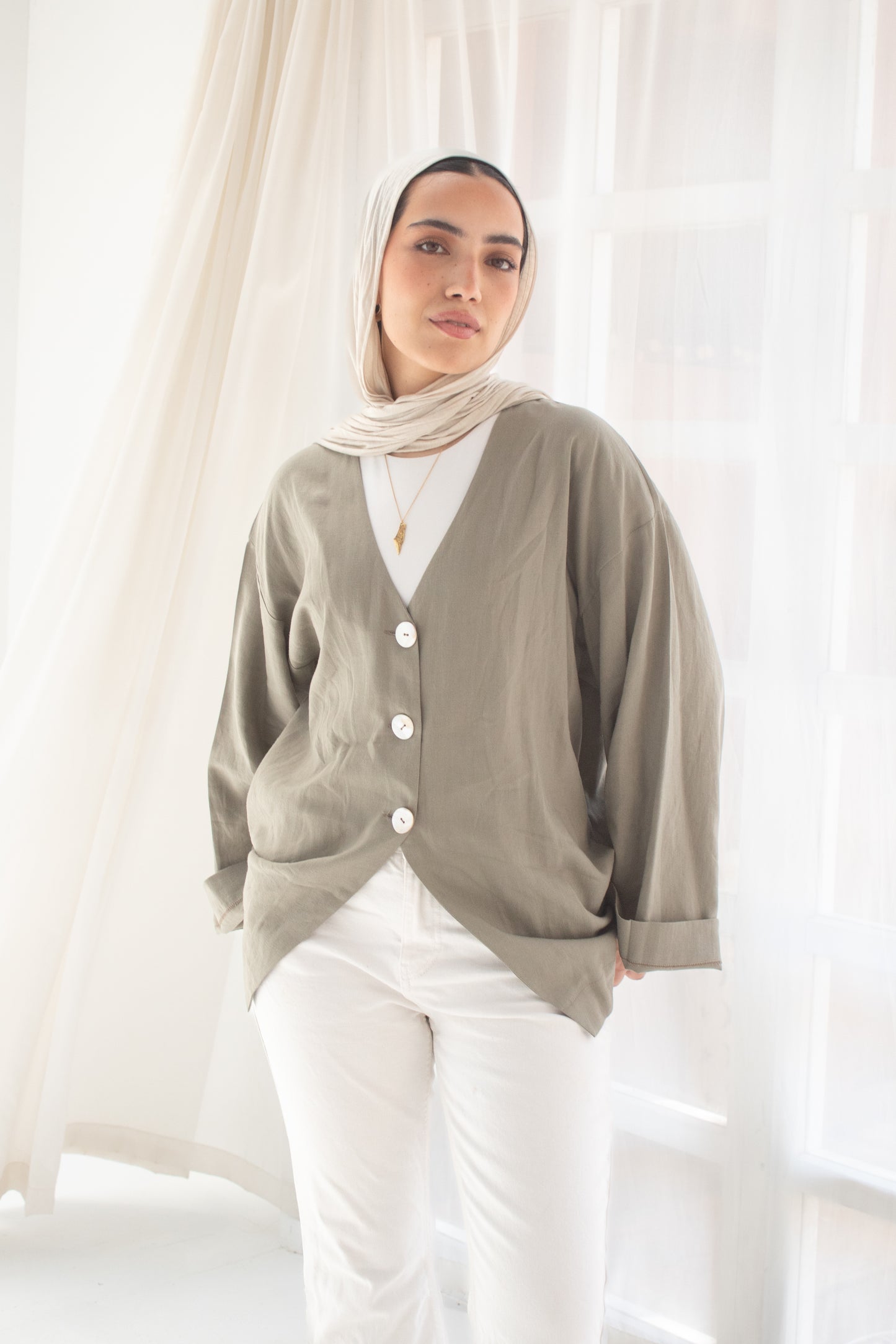 Olive pure linen jacket and cats