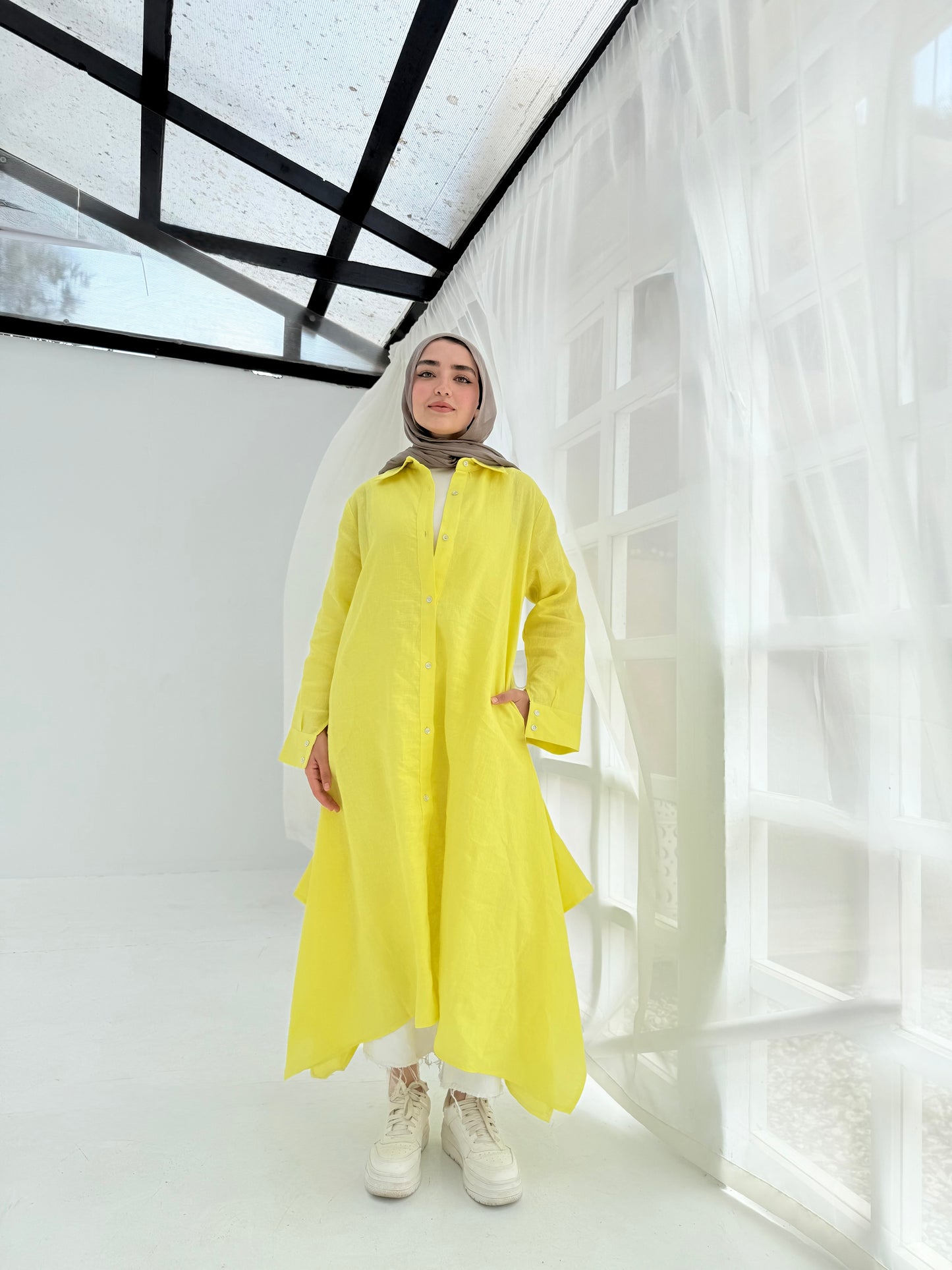 Yellow pure linen shirt dress