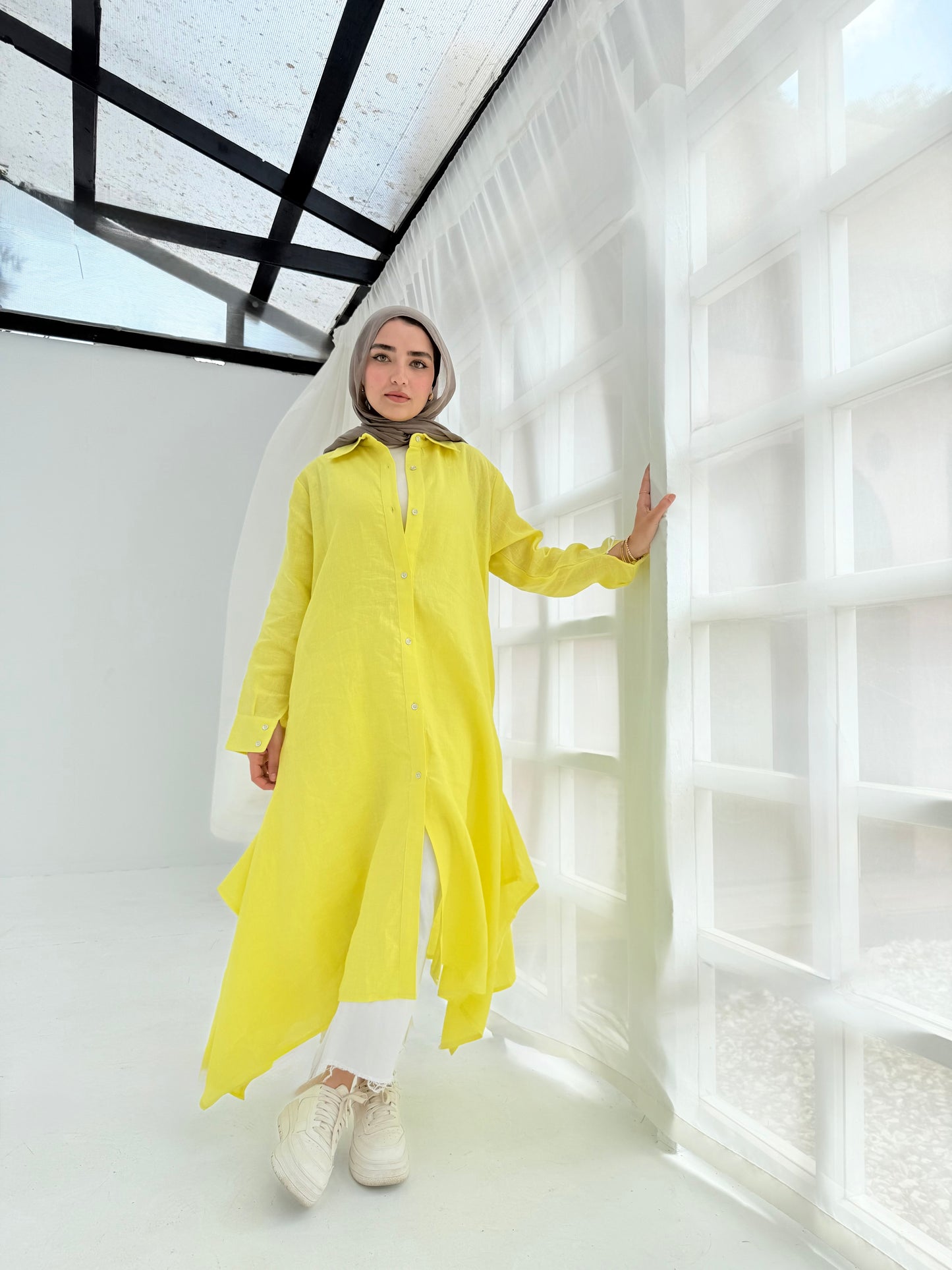 Yellow pure linen shirt dress