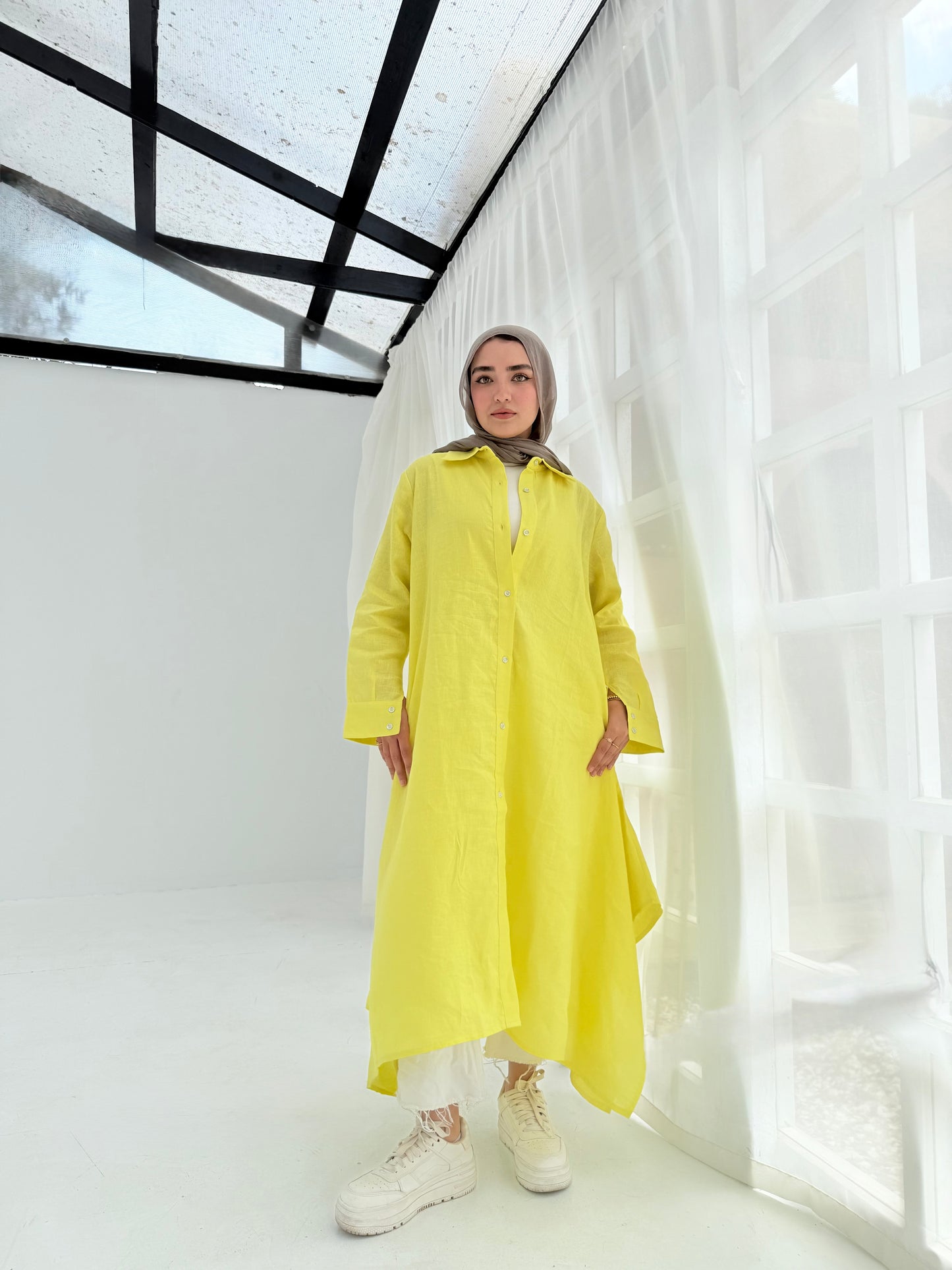 Yellow pure linen shirt dress
