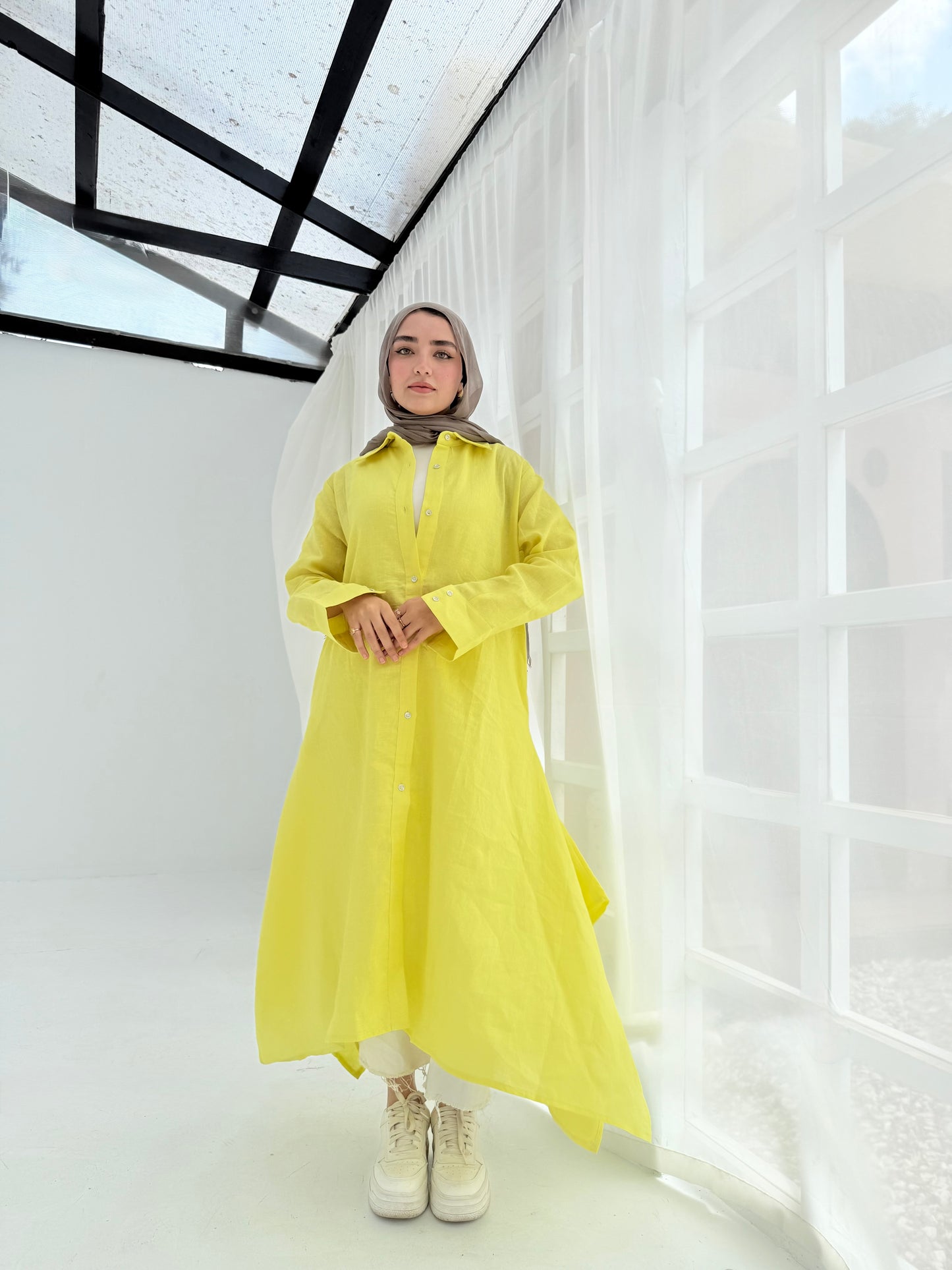 Yellow pure linen shirt dress