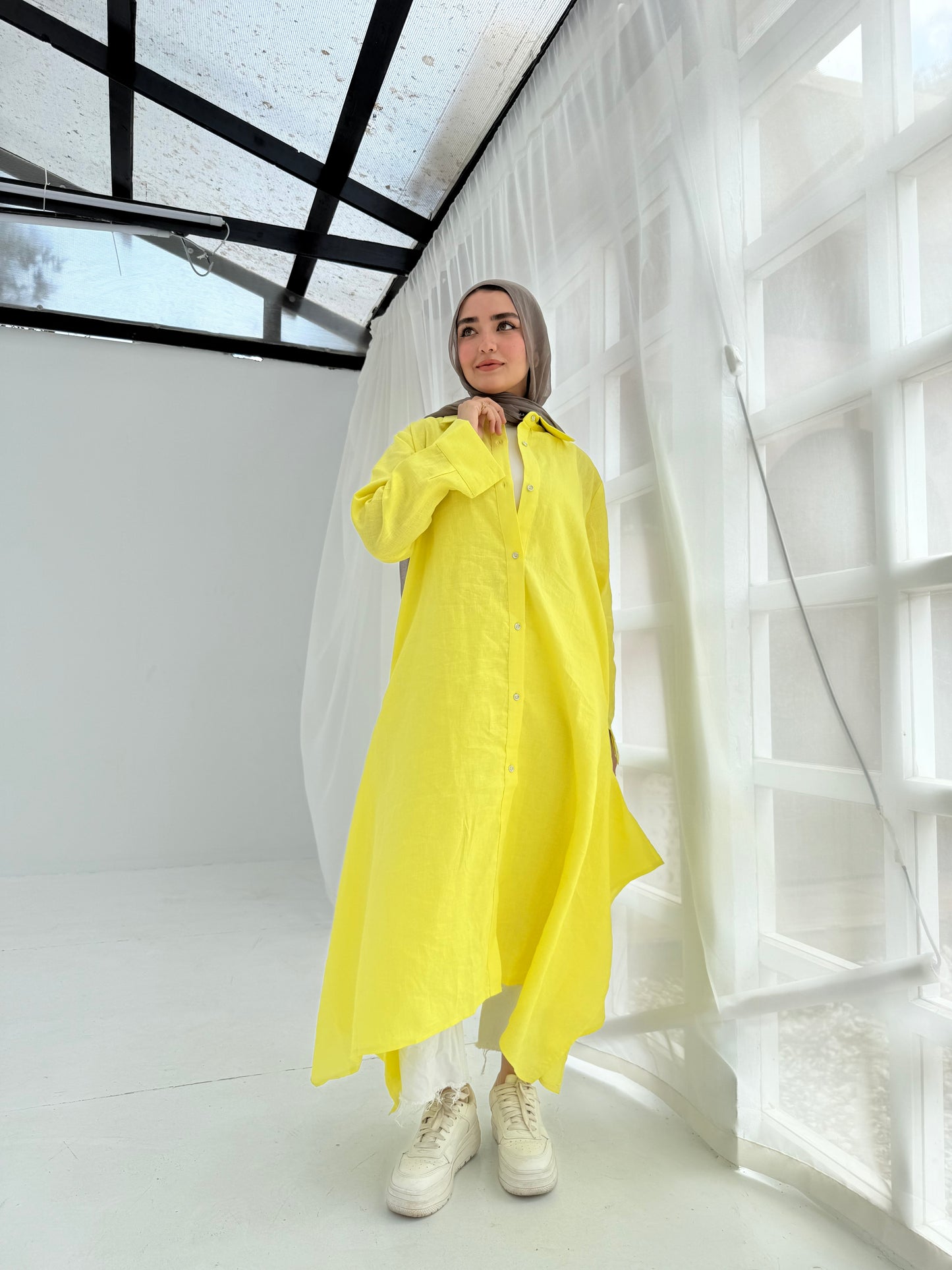 Yellow pure linen shirt dress