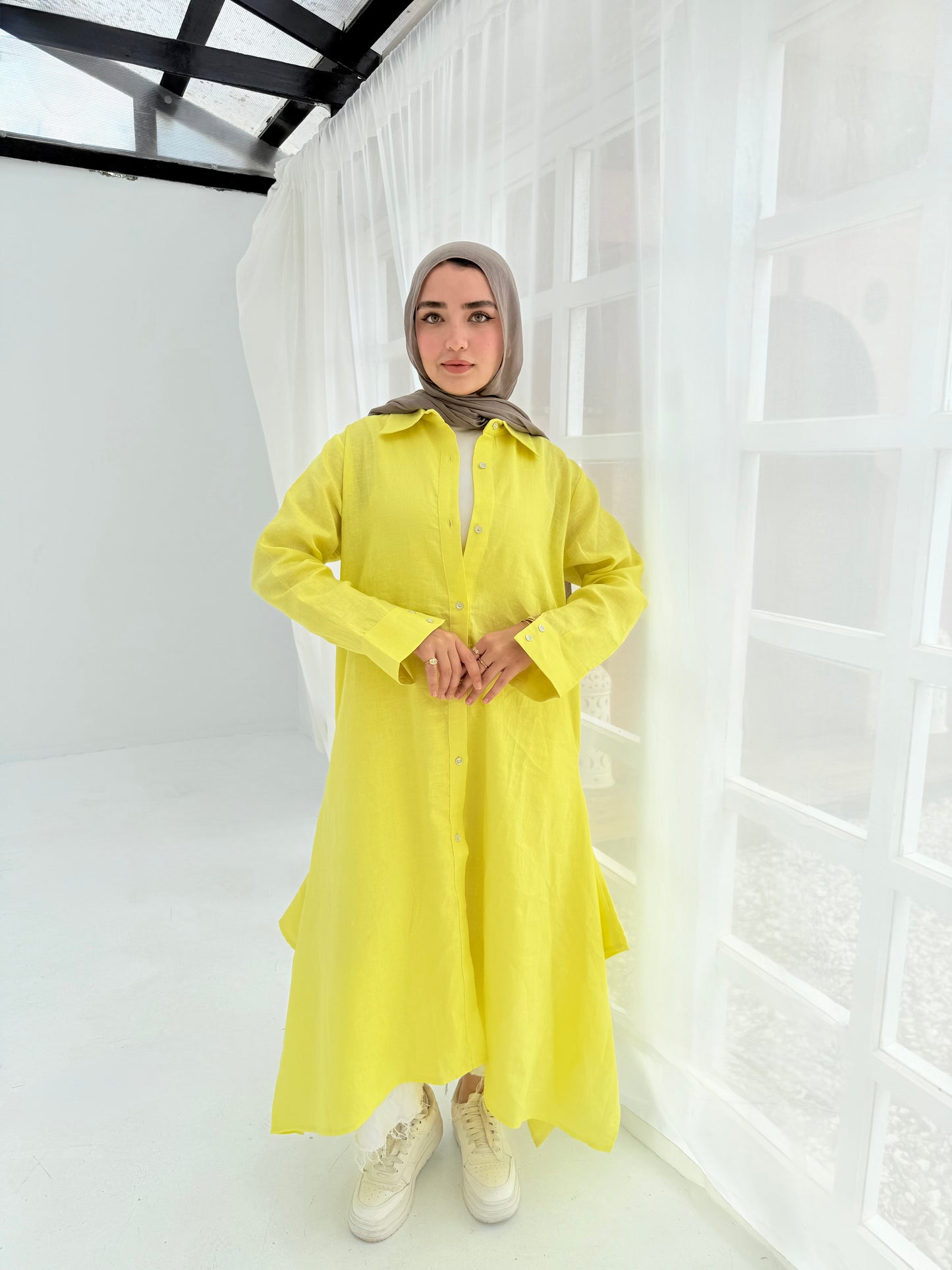 Yellow pure linen shirt dress