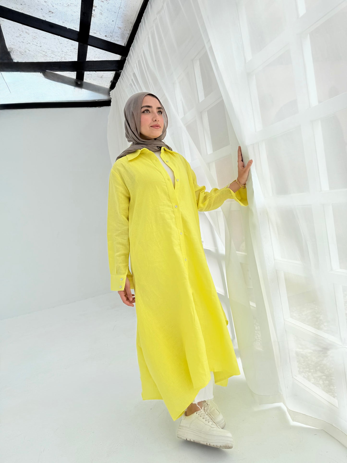 Yellow pure linen shirt dress