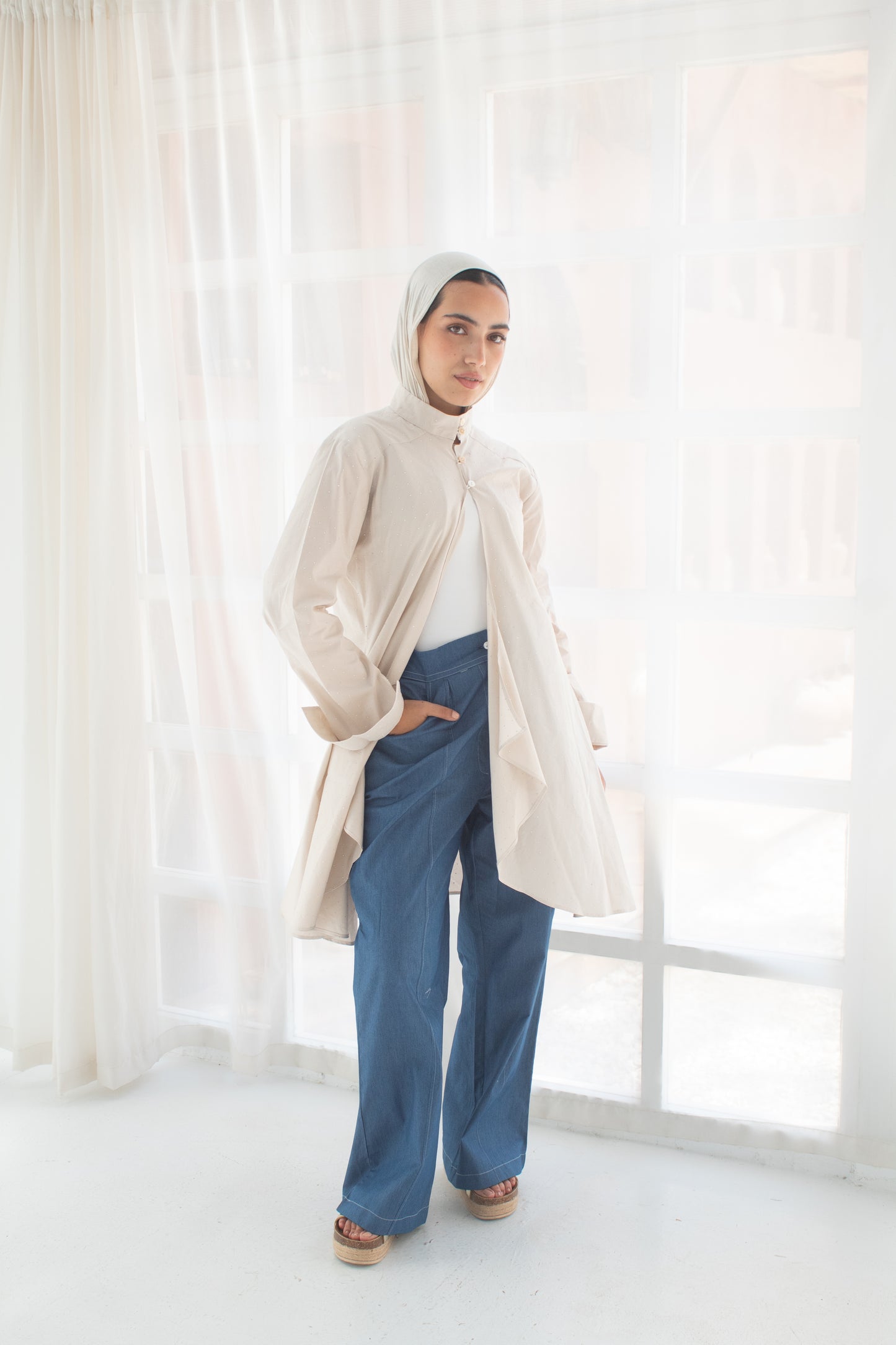 Beige studded poplin circuitous blouse