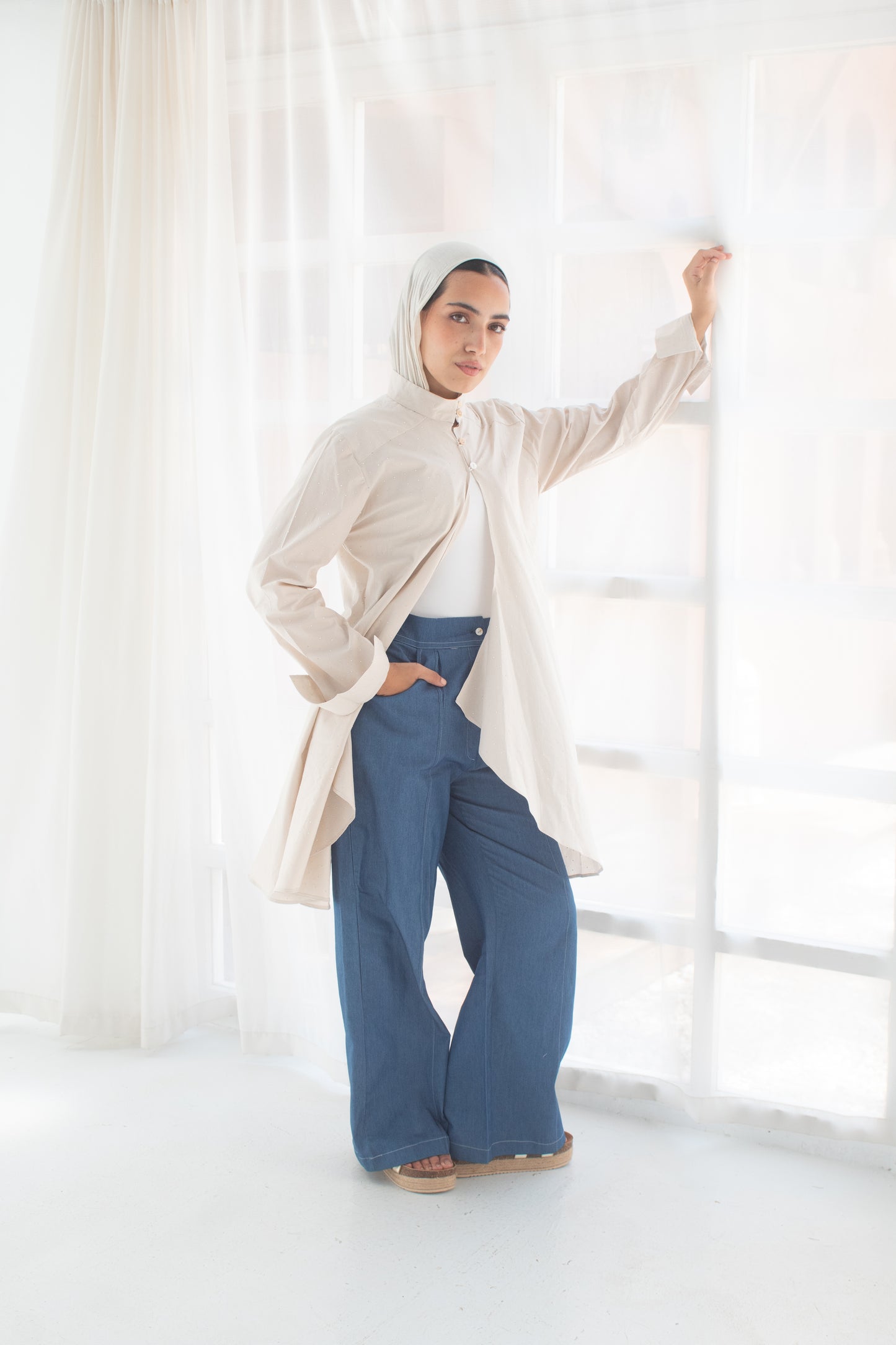 Beige studded poplin circuitous blouse