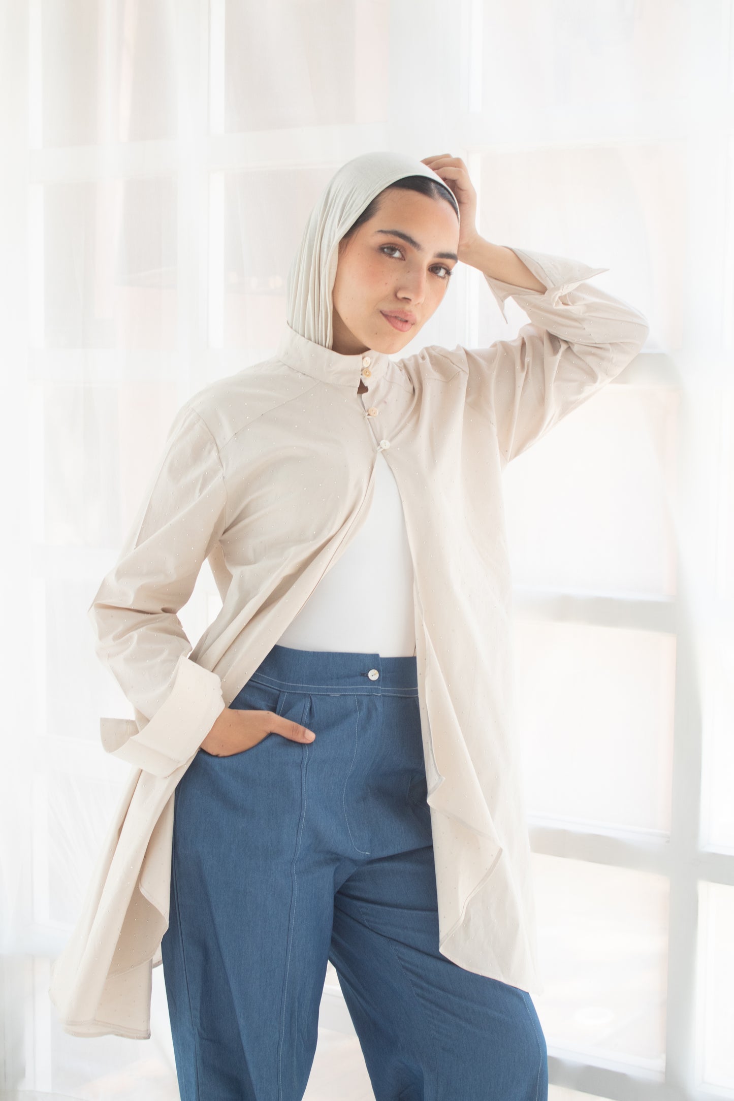 Beige studded poplin circuitous blouse