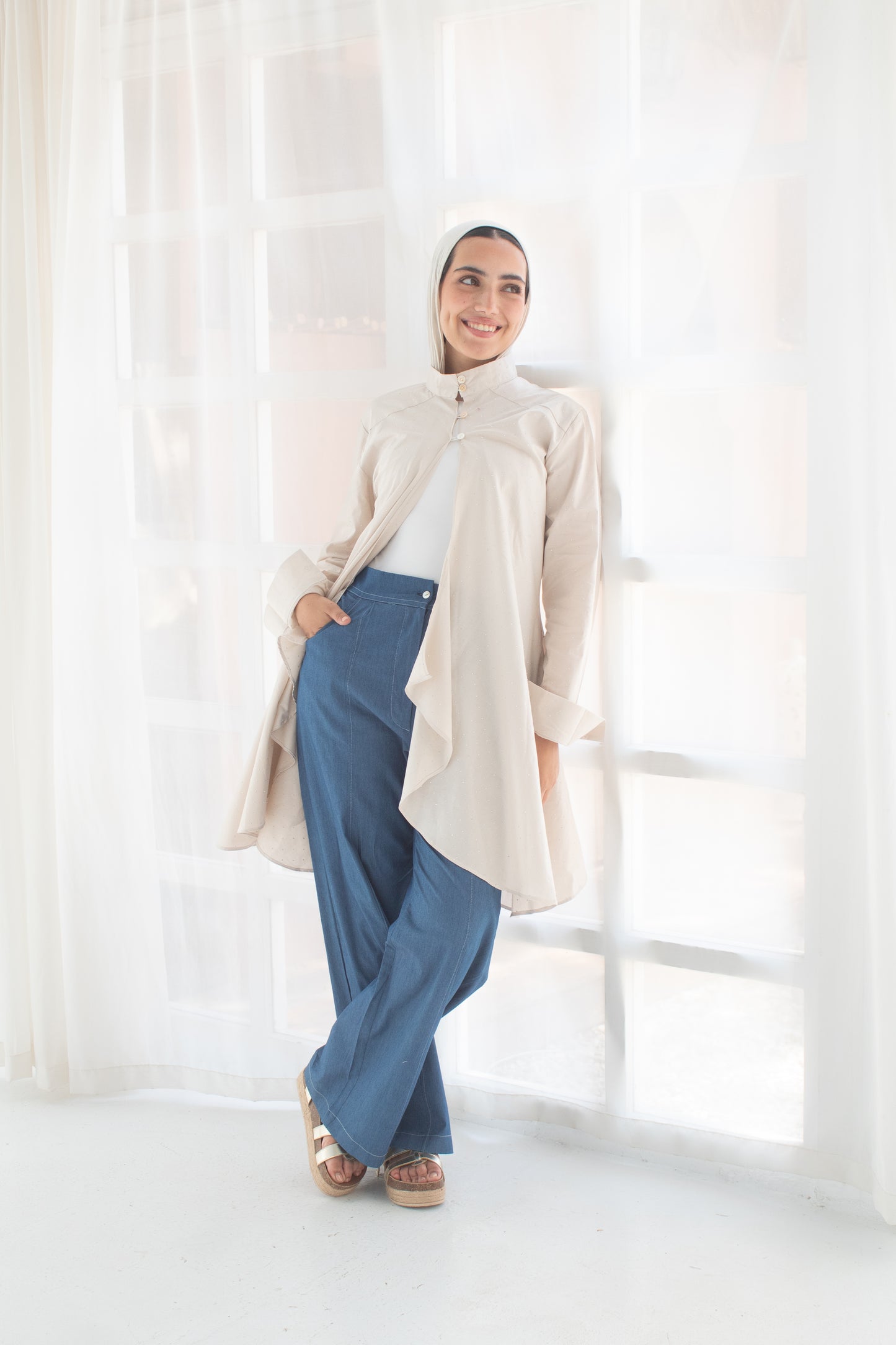 Beige studded poplin circuitous blouse