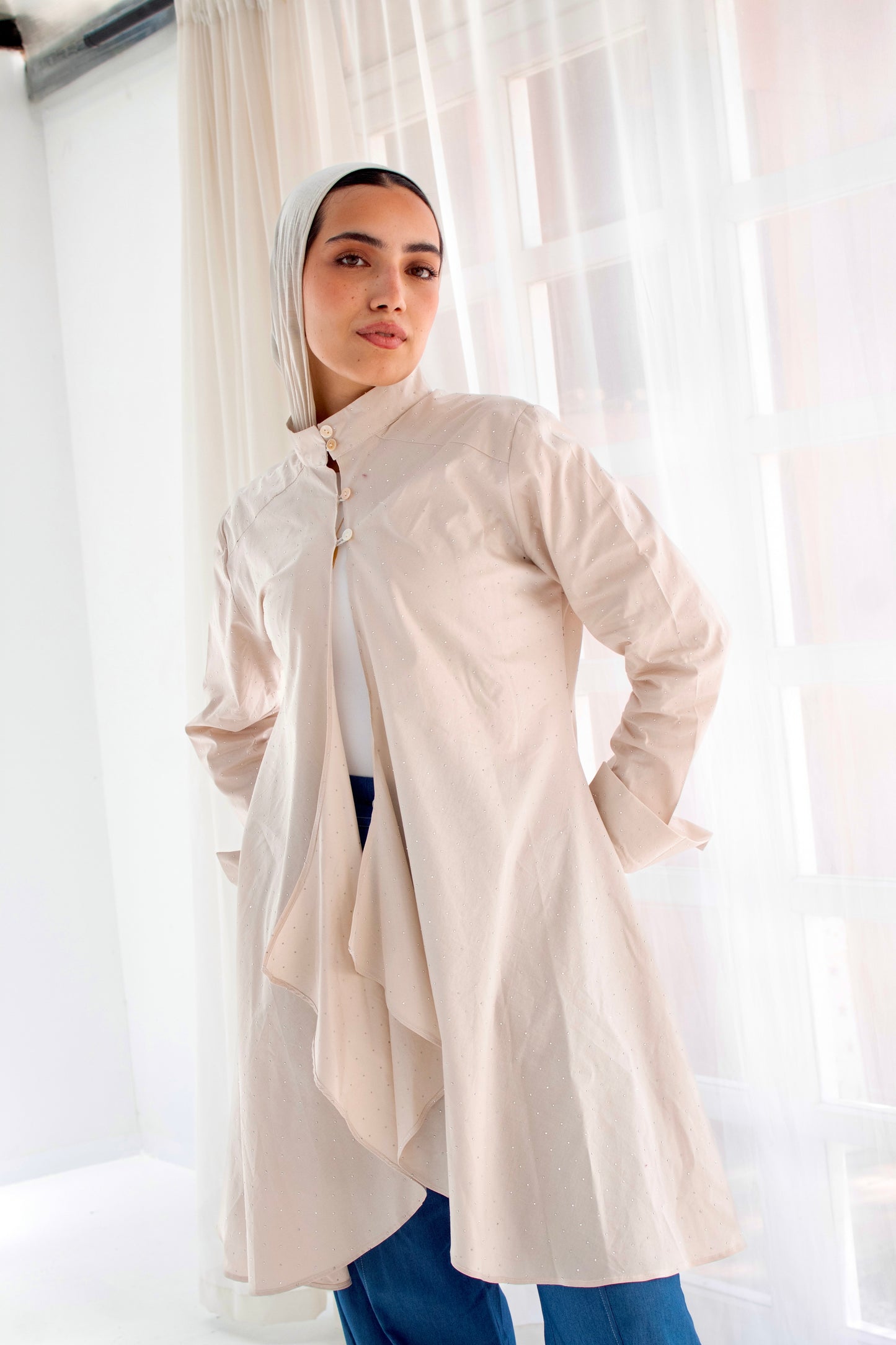 Beige studded poplin circuitous blouse