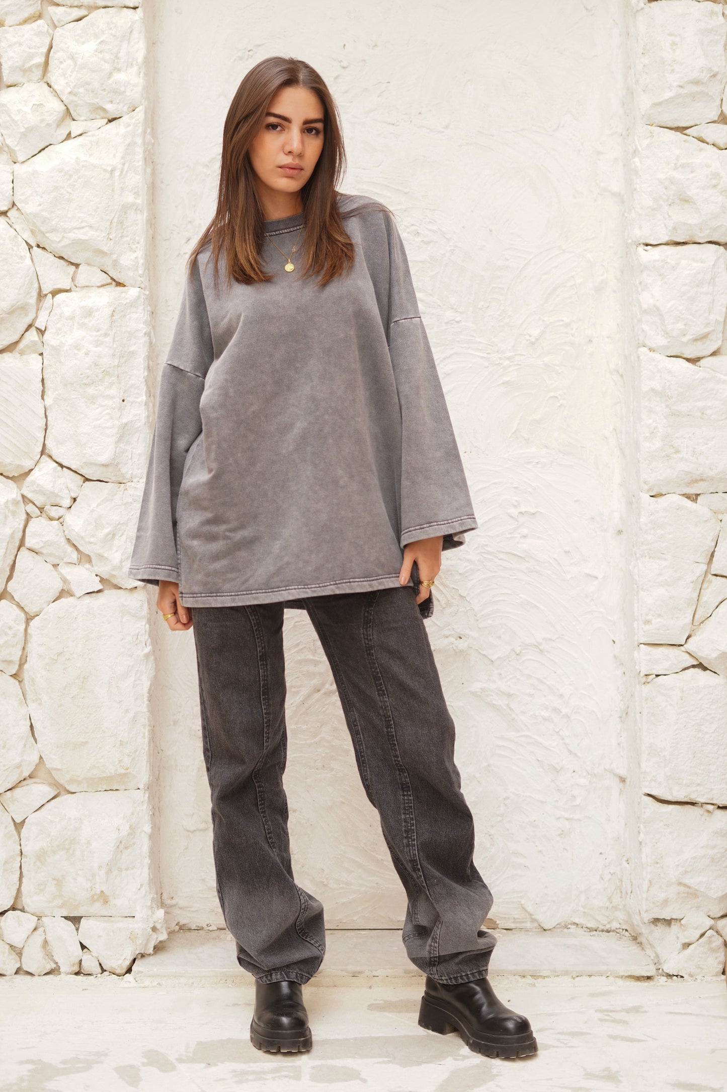 Gray Crewneck Sweatshirt with studded words