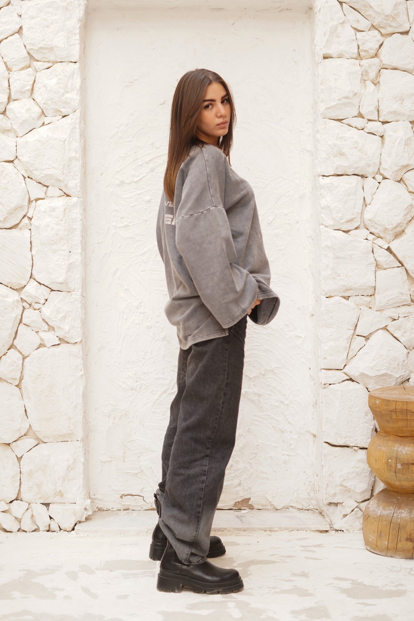 Gray Crewneck Sweatshirt with studded words