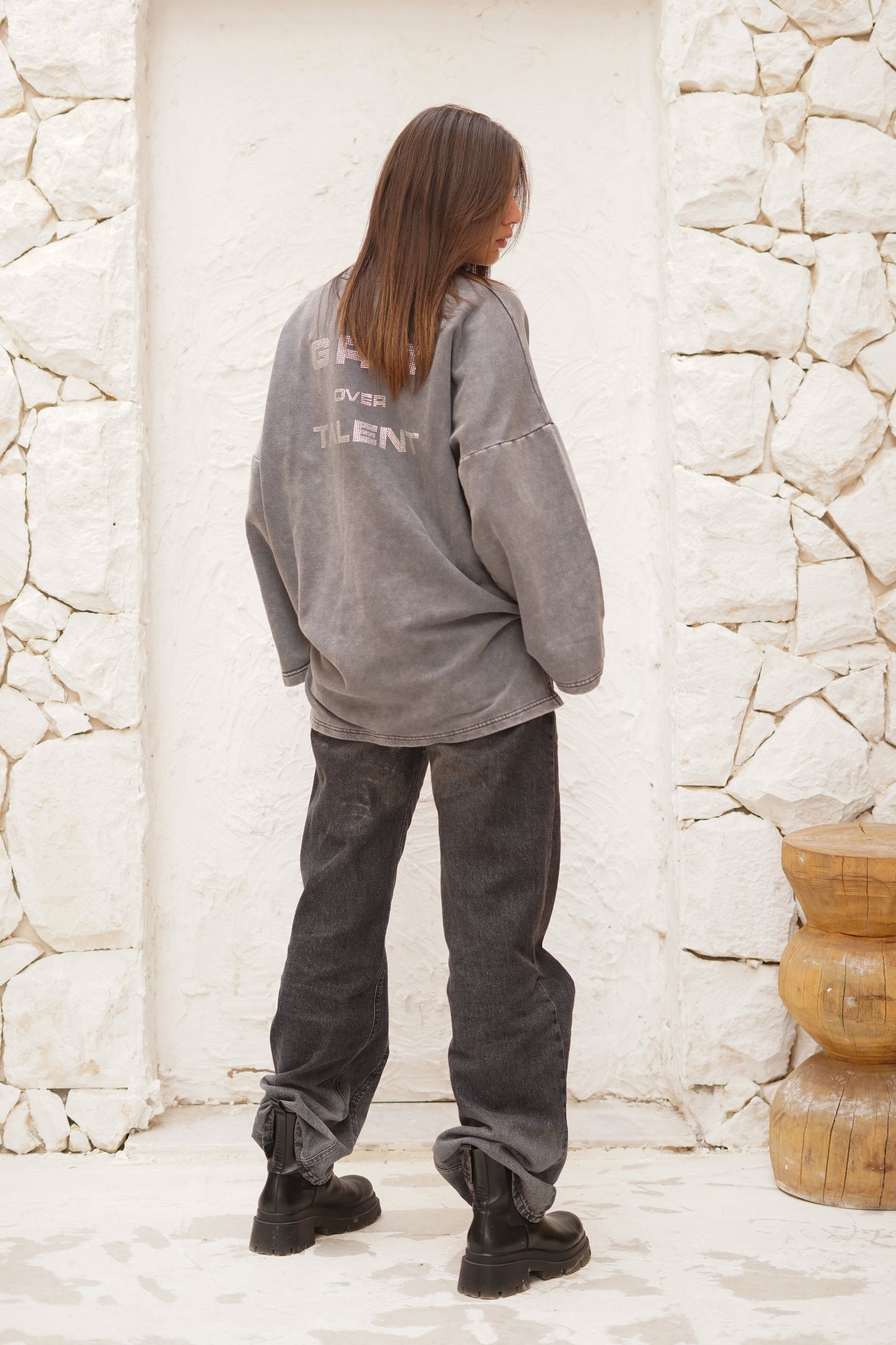 Gray Crewneck Sweatshirt with studded words