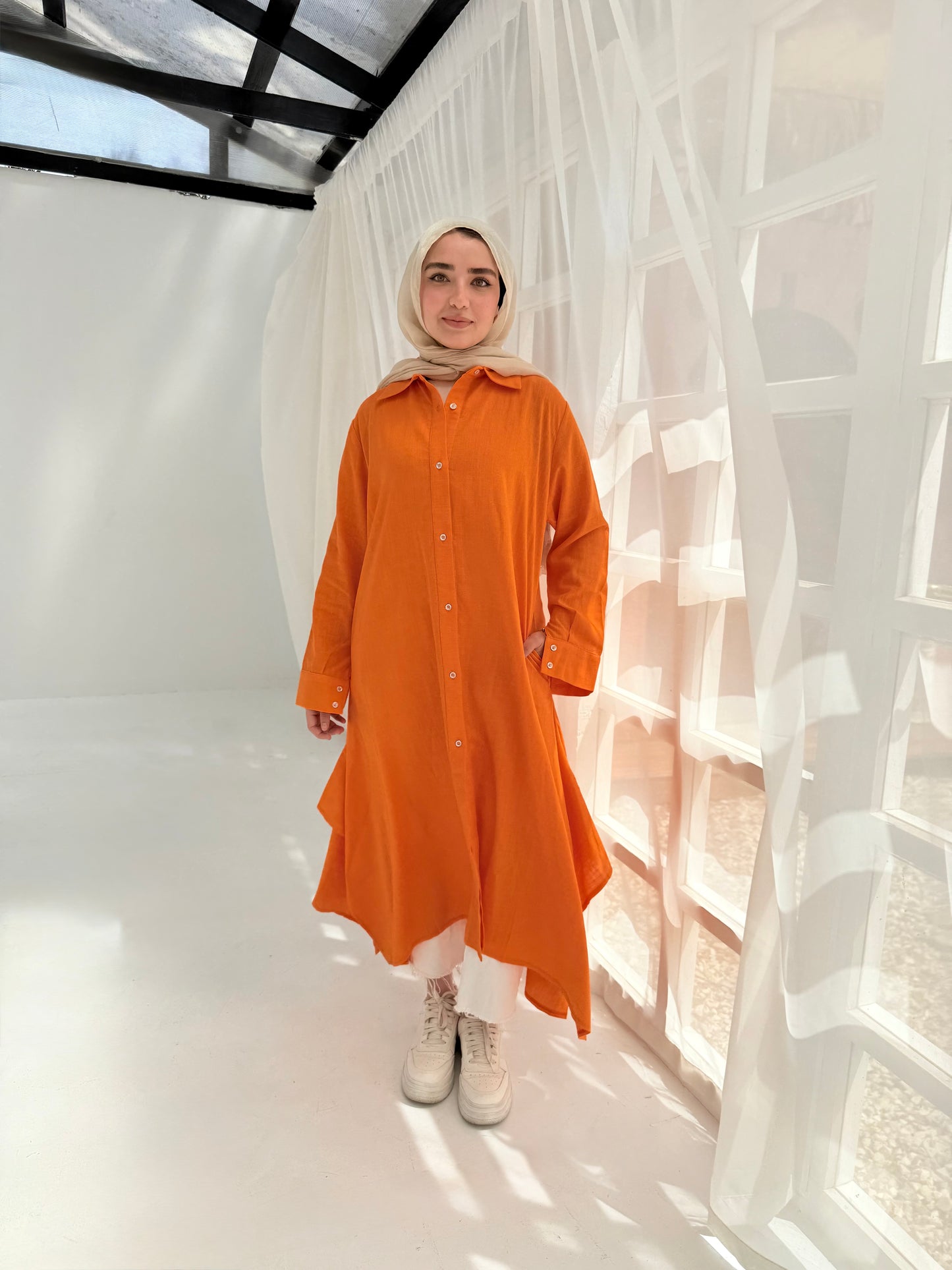 Orange pure linen shirt dress