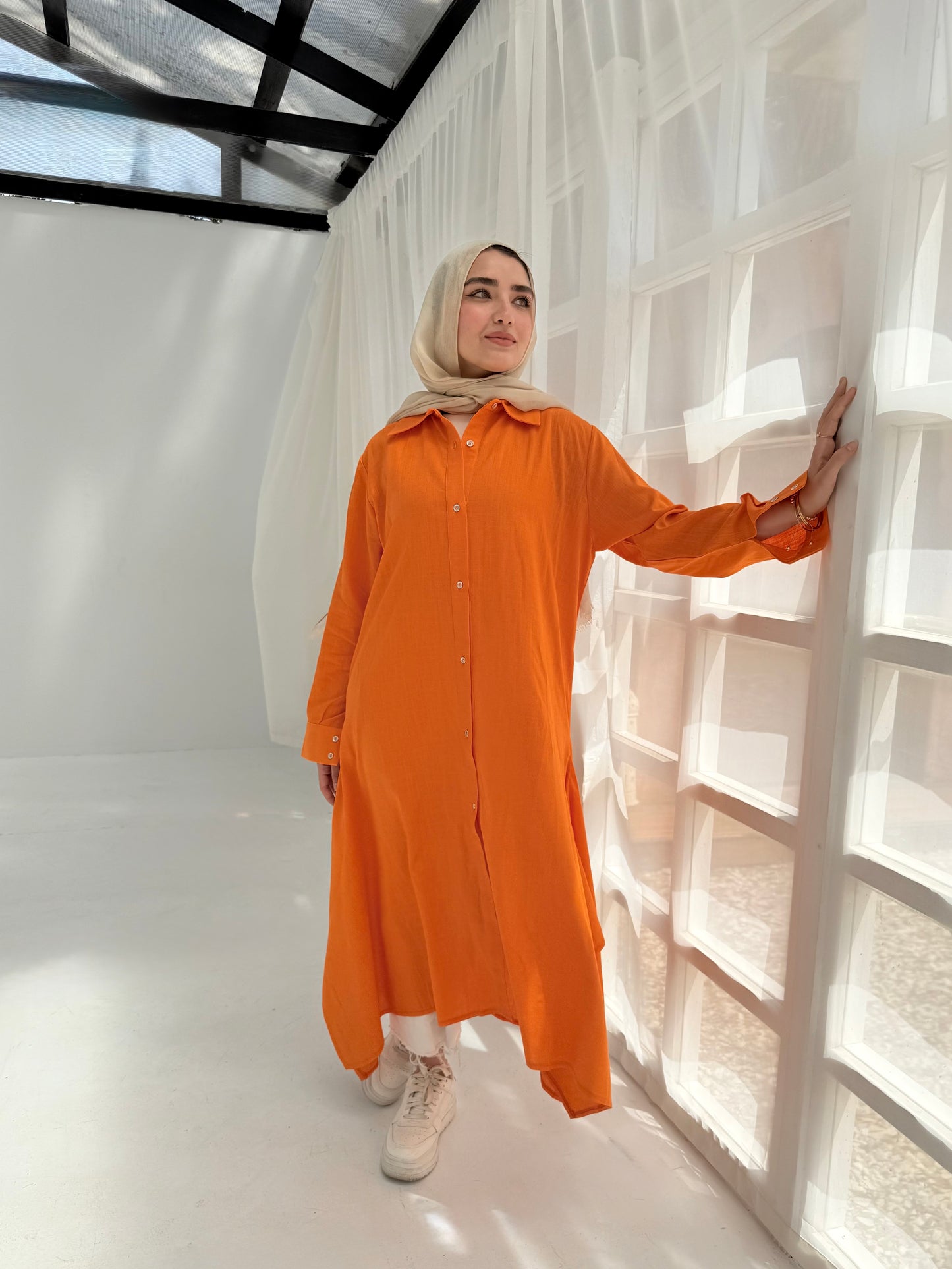 Orange pure linen shirt dress
