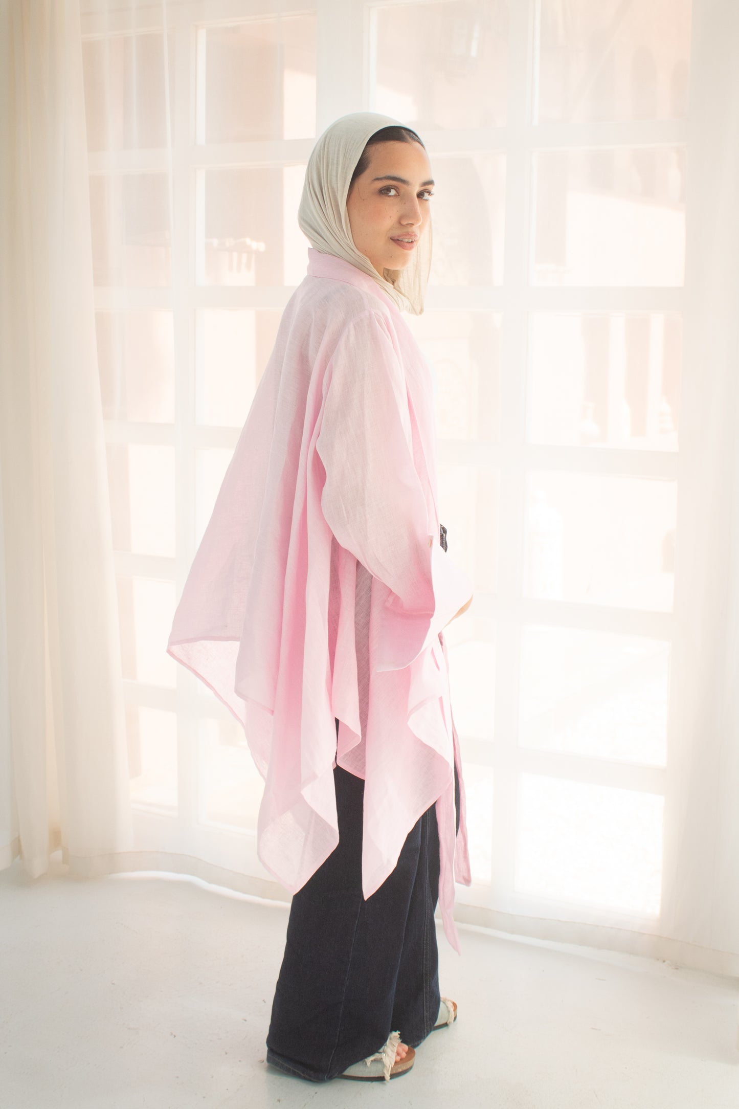Pure linen cardigan in pink
