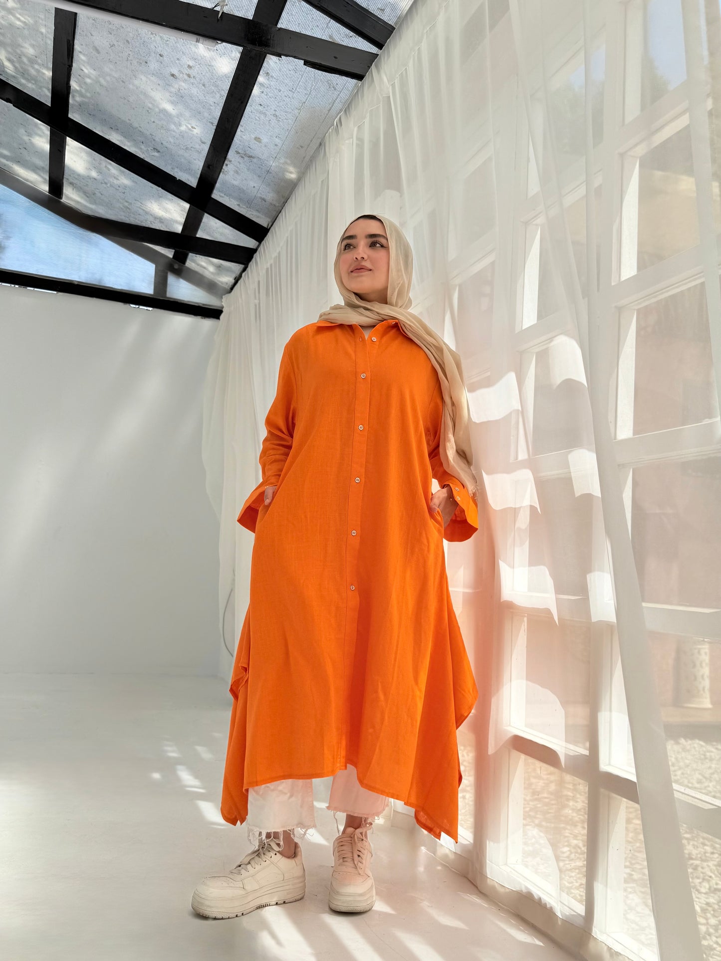 Orange pure linen shirt dress