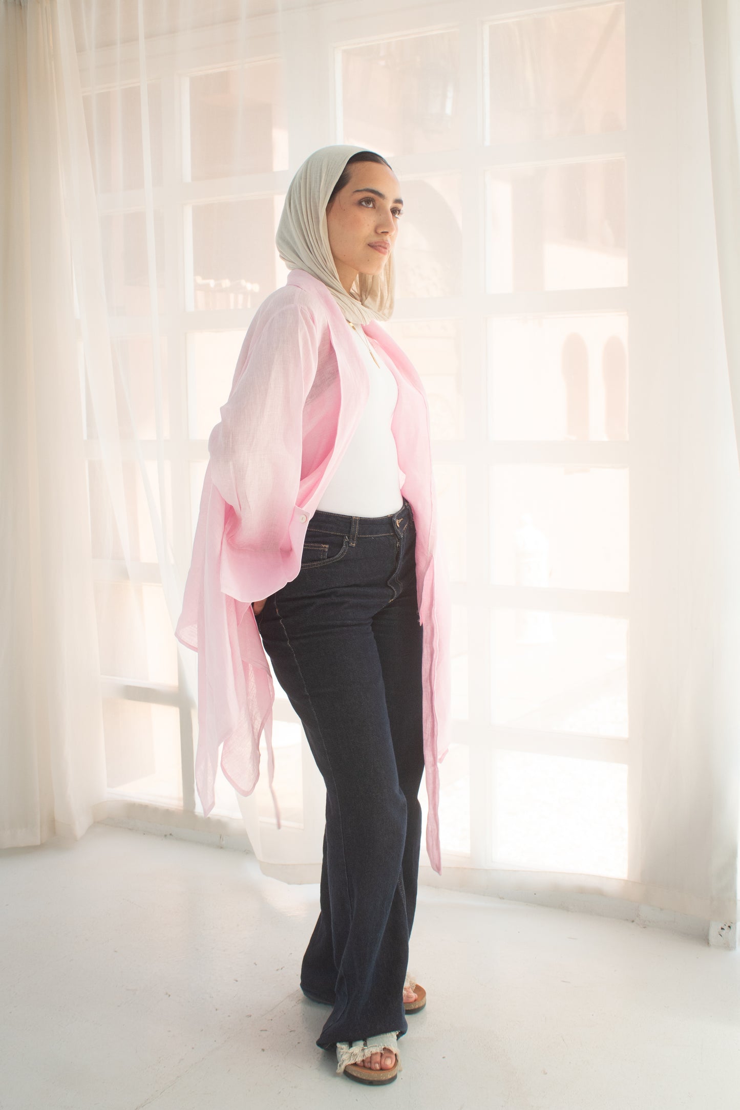 Pure linen cardigan in pink