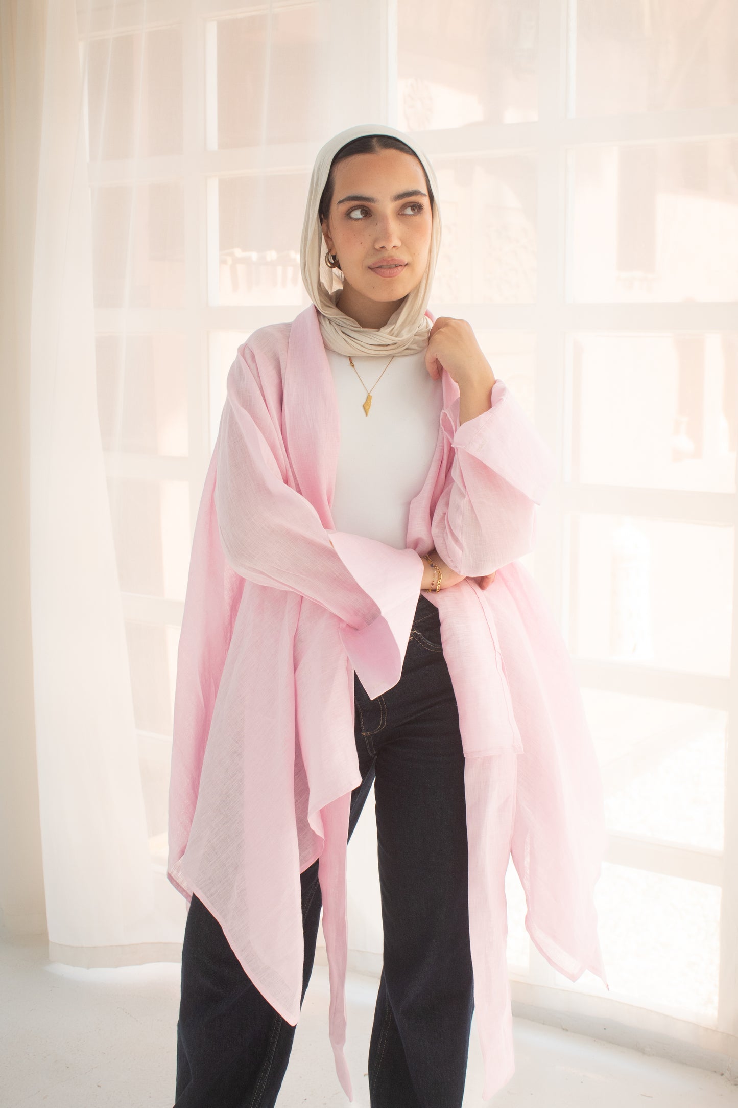 Pure linen cardigan in pink