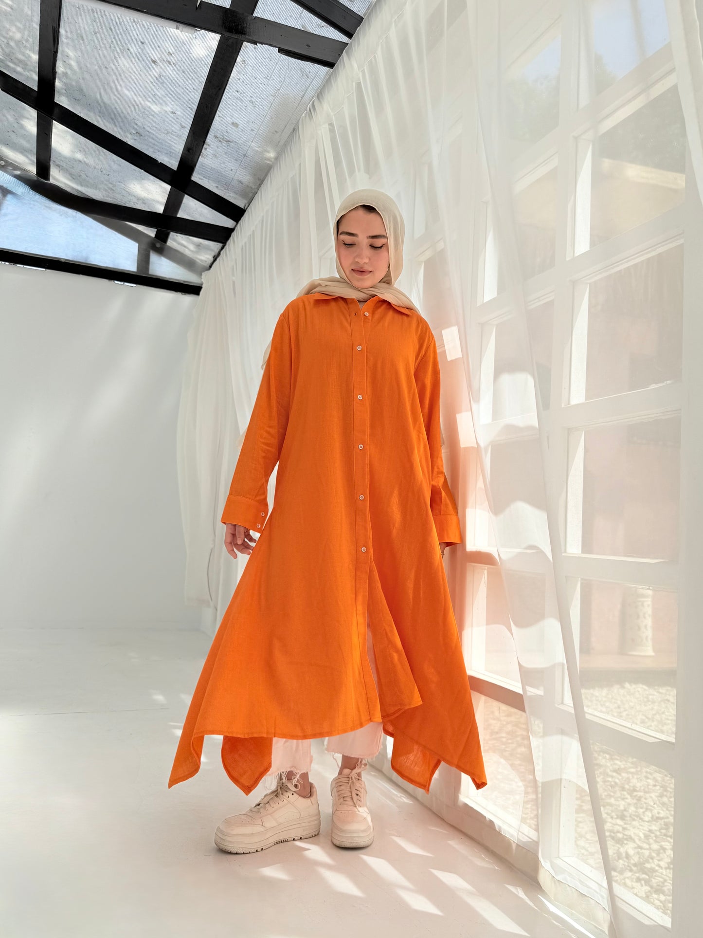 Orange pure linen shirt dress