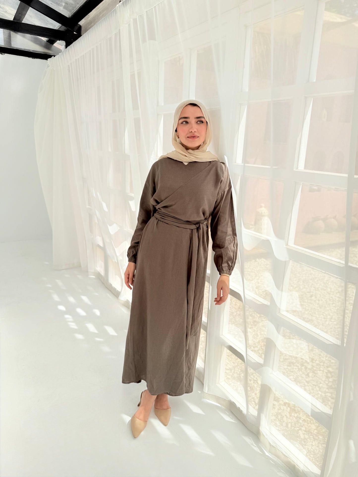 Greece olive linen dress