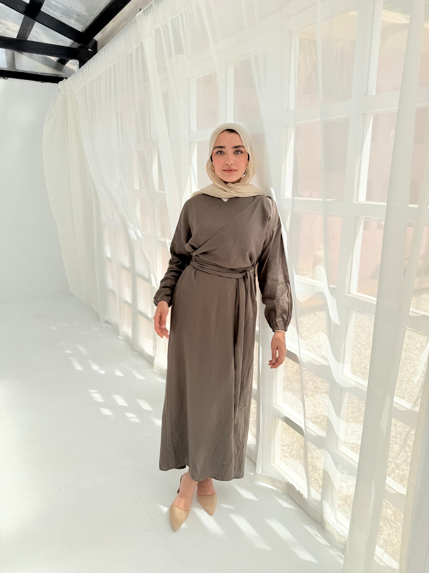 Greece olive linen dress