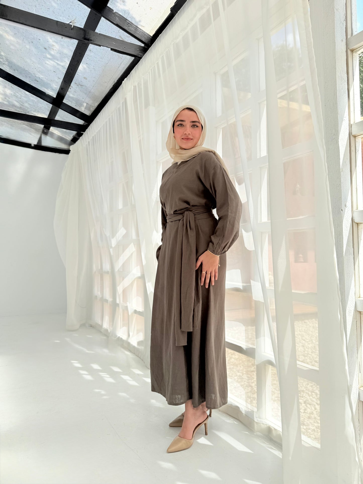 Greece olive linen dress