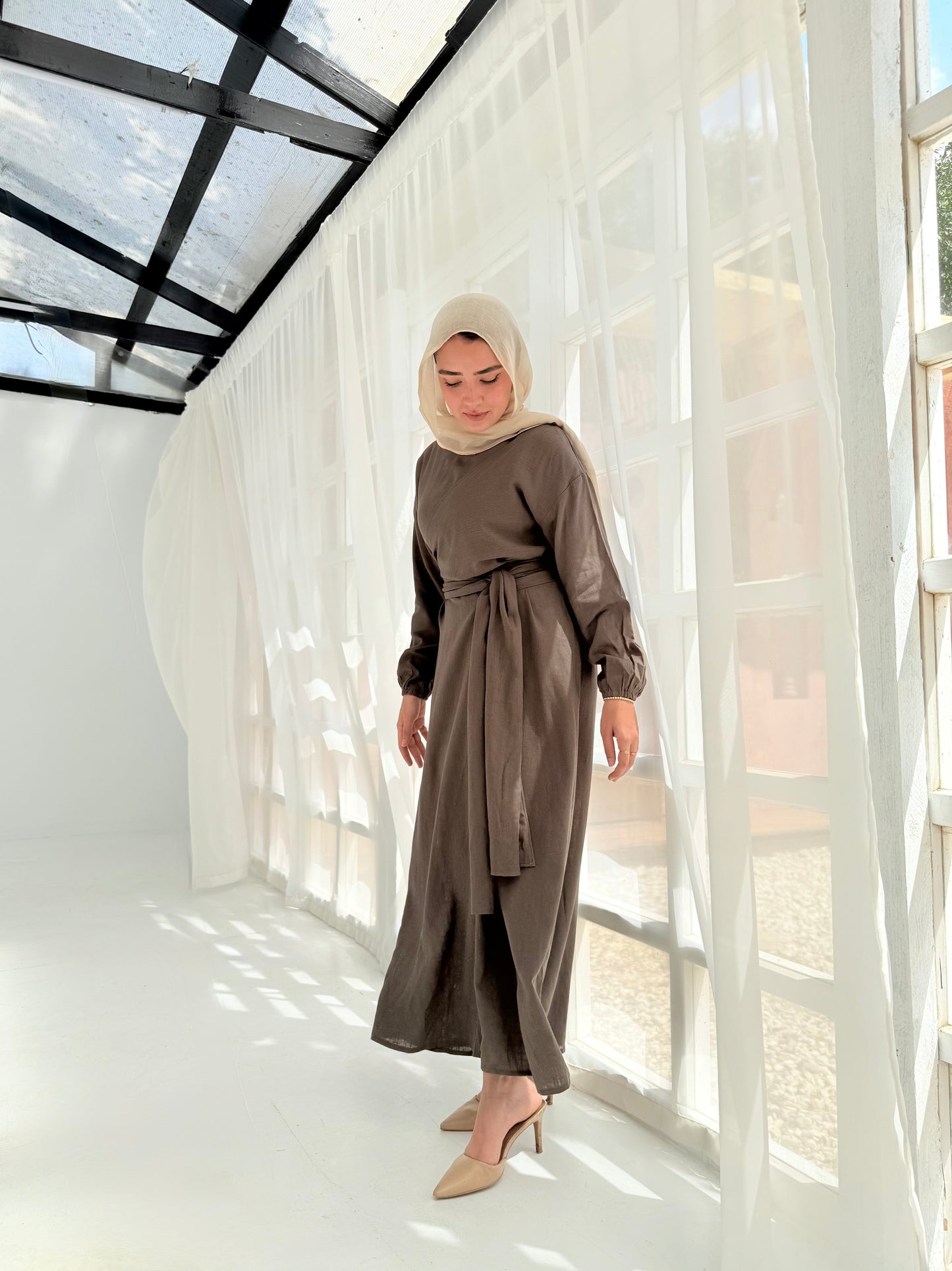 Greece olive linen dress