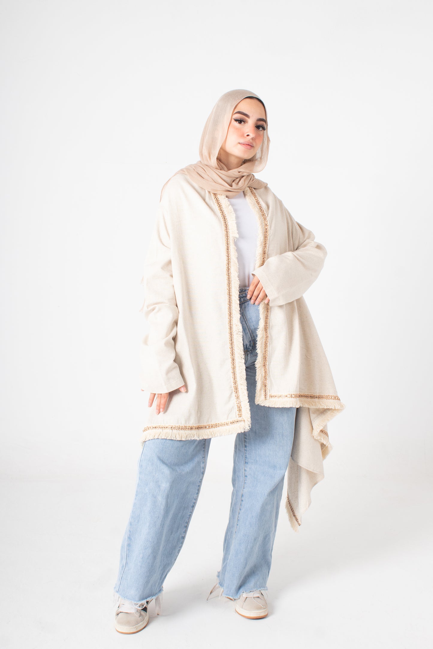 Cream linen high and low free size cardigan