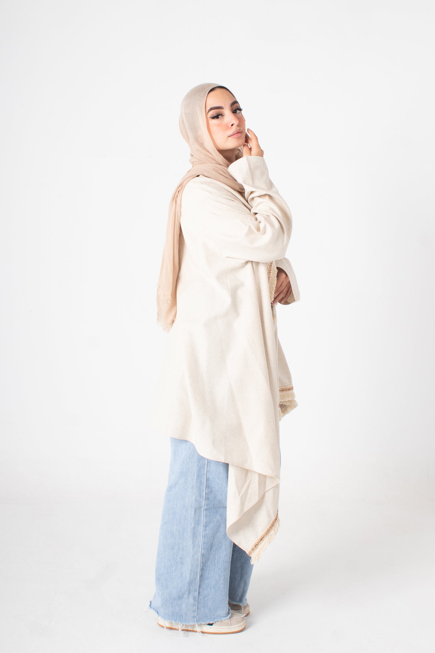 Cream linen high and low free size cardigan